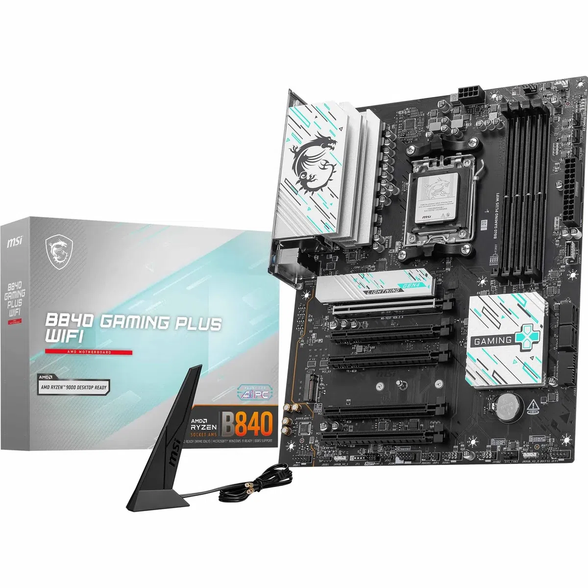 MSI Carte mère WiFi B840 Gaming Plus, ATX - Prend en Charge Les processeurs AMD Ryzen 9000/8000/7000, AM5 - DDR5 Memory Boost 8000+ MT/s (OC), PCIe 4.0 x16, M.2 Gen4, Wi-FI 7, 2.5G LAN