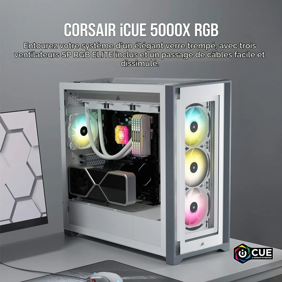Corsair iCUE 5000X RGB Moyen-Tour Connecté en Verre Trempé Boîtier (Quatre Panneaux en Verre Trempé, Système de Câbles RapidRoute, Trois Ventilateurs RGB de 120 mm Inclus, Éclairage Intelligent) Blanc