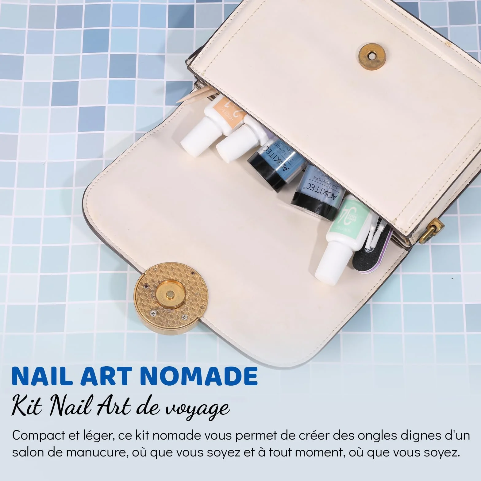 Aokitec Kit de poudre de trempage pour ongles bleue scintillante avec liquide - Nail art acrylique
