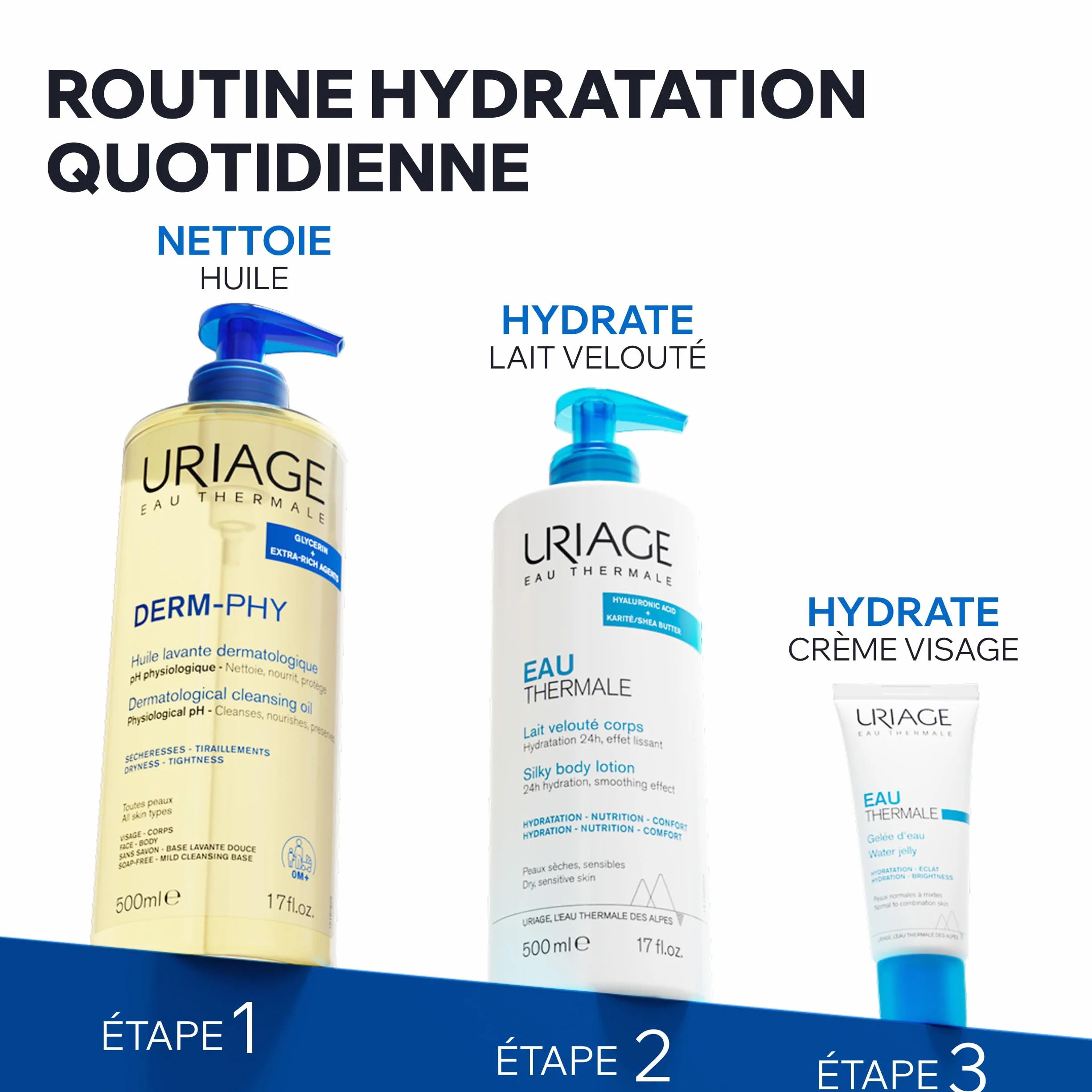 Uriage Derm-Phy Huile de Douche 1L - Nettoyant Visage, Corps - Peaux Sèches, Sensibles - 25% Glycérine - pH Physiologique - Sans Savon