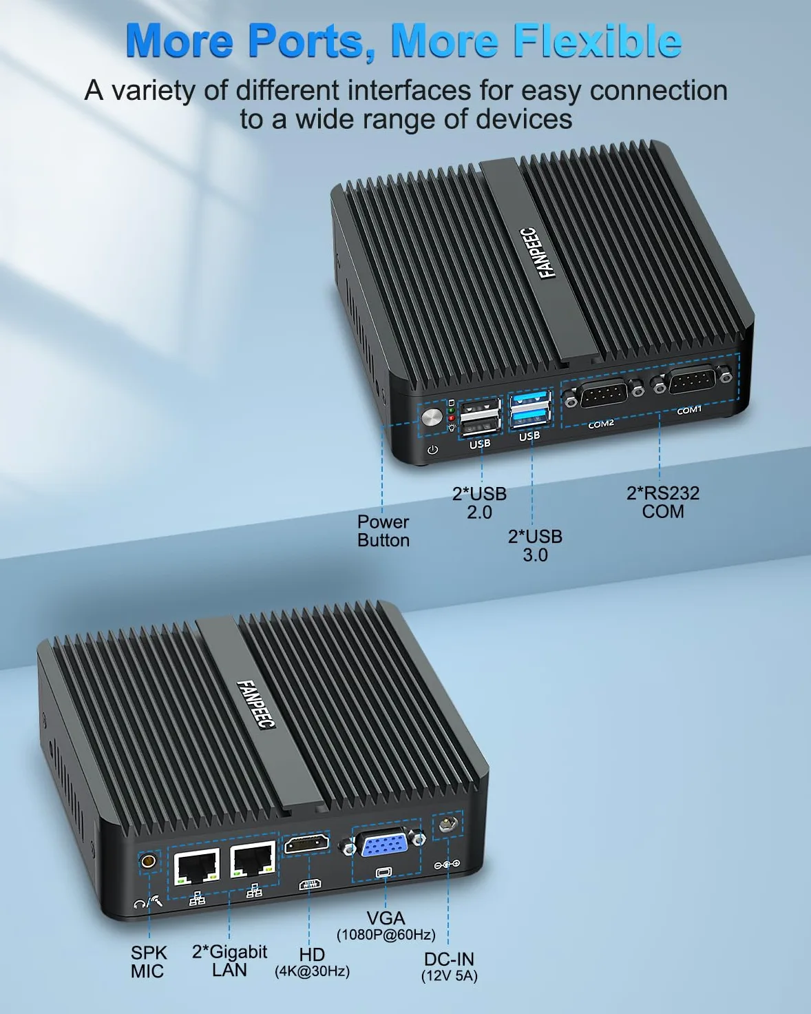 FANPEEC Mini PC sans Ventilateur J5005 8Go DDR4 128Go MSATA SSD | PC Industriel Win11 Pro, 4K HD+1080p VGA, 2xLAN, 4xUSB, WiFi5 BT4.2, Fanless PC Pour Serveur Professionnel/Domestique