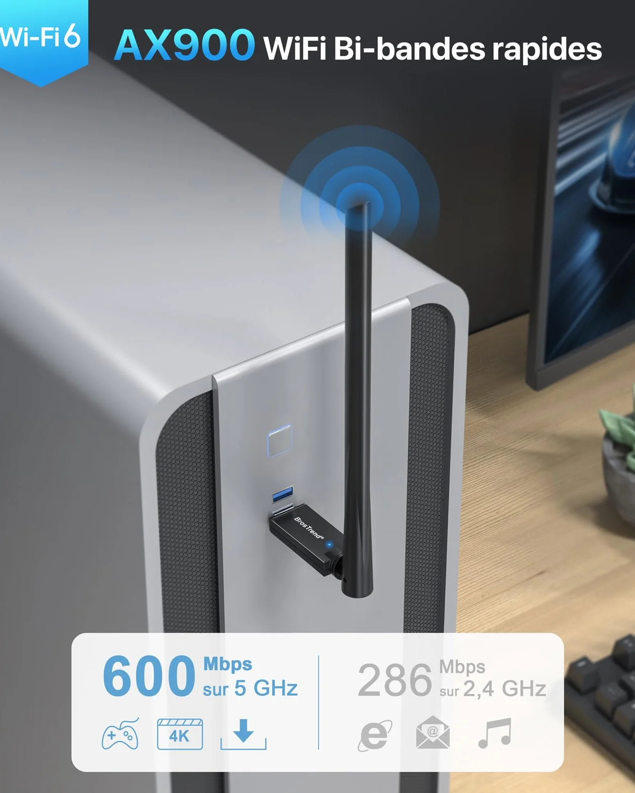 BrosTrend AX900 Clé WiFi 6 USB Double Bande 5GHz 600Mbps 2.4GHz 286Mbps Antenne 6dBi Windows 11/10/7