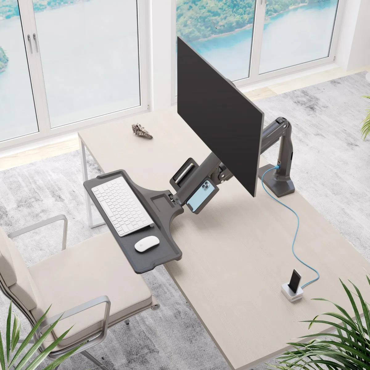 RICOO TS5411 Support Écran PC TV 13 17 19 22 24 27 28 32 Pouces VESA 75x75 100x100 Ressort à gaz Rangement Clavier Orientable Inclinable Rotatif Universel Fixation Bureau