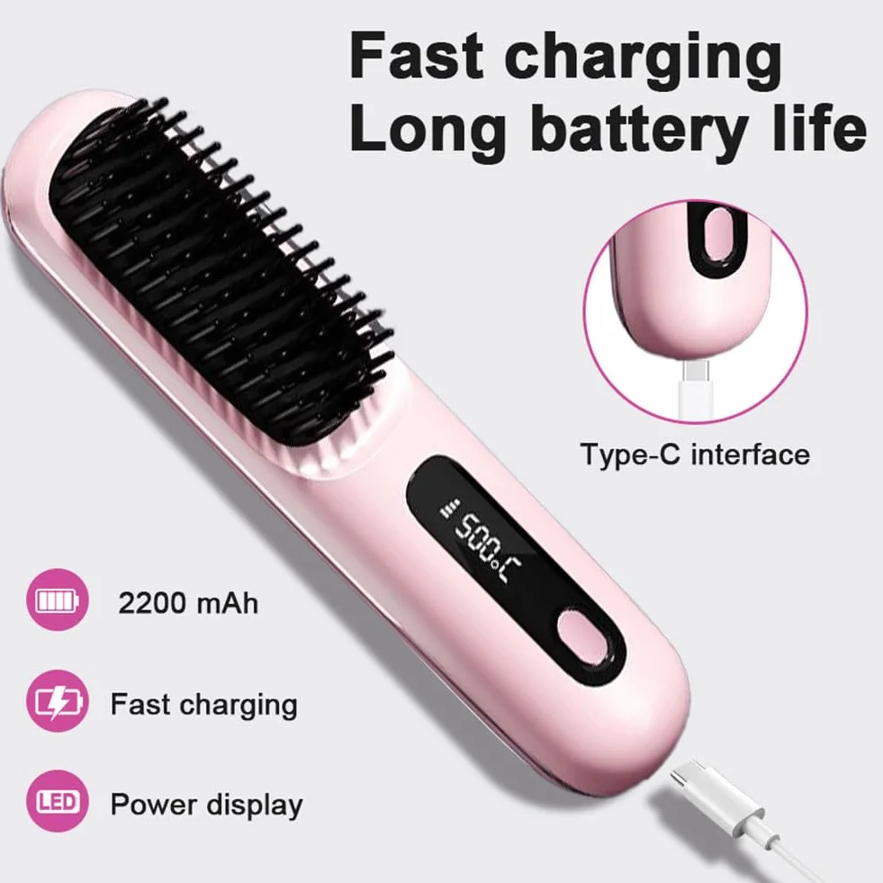 Brosse à Cheveux électrique sans fil Rechargeable Chauffante avec affichage LED 3 Niveaux de Température Lisser Boucler Rose
