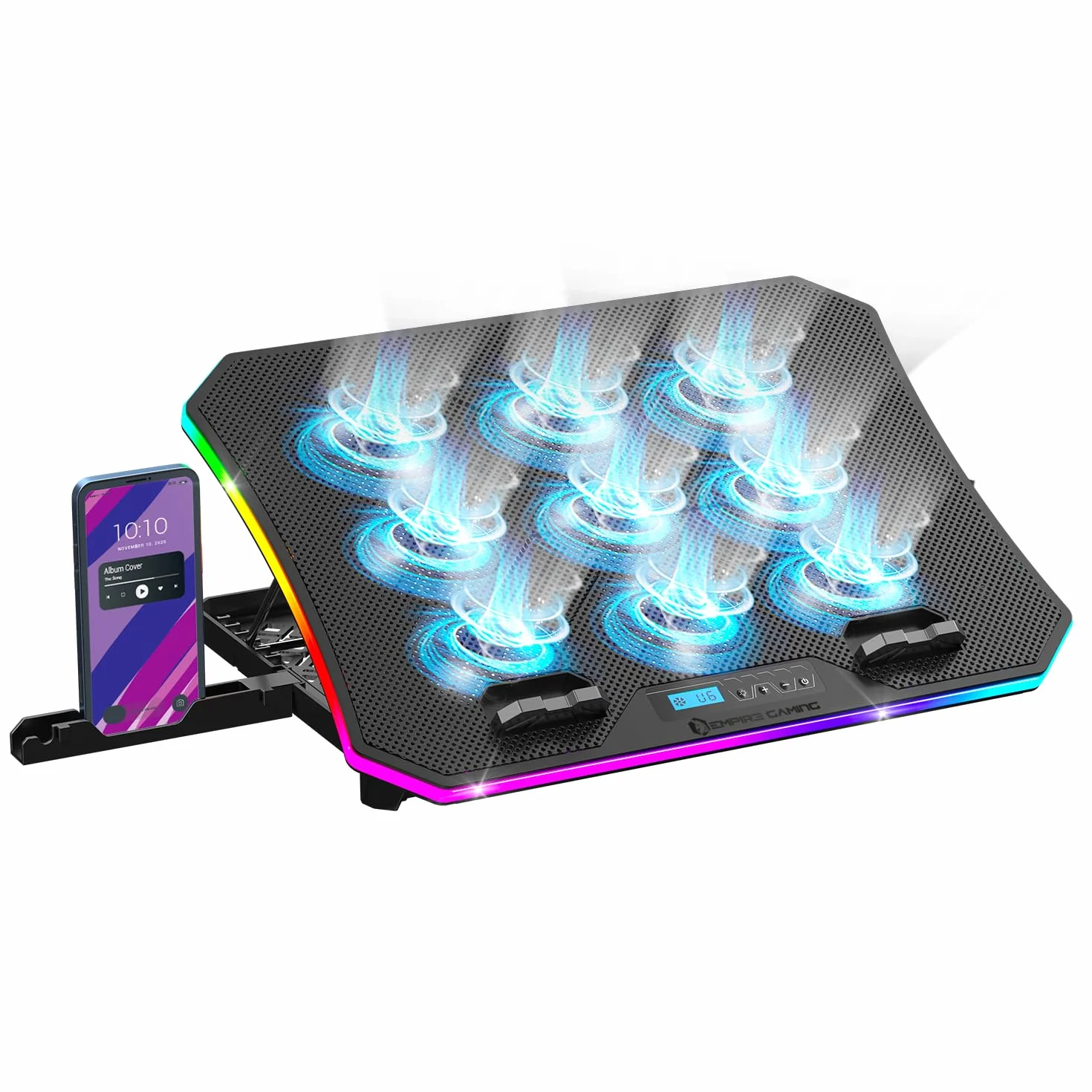 EMPIRE GAMING Guardian C900 Refroidisseur PC Ordinateur Portable 12-17 Pouces RGB Gamer 9 Ventilateurs Contrôleur LCD 10 Modes RGB 7 Hauteurs Réglables Support Amovible