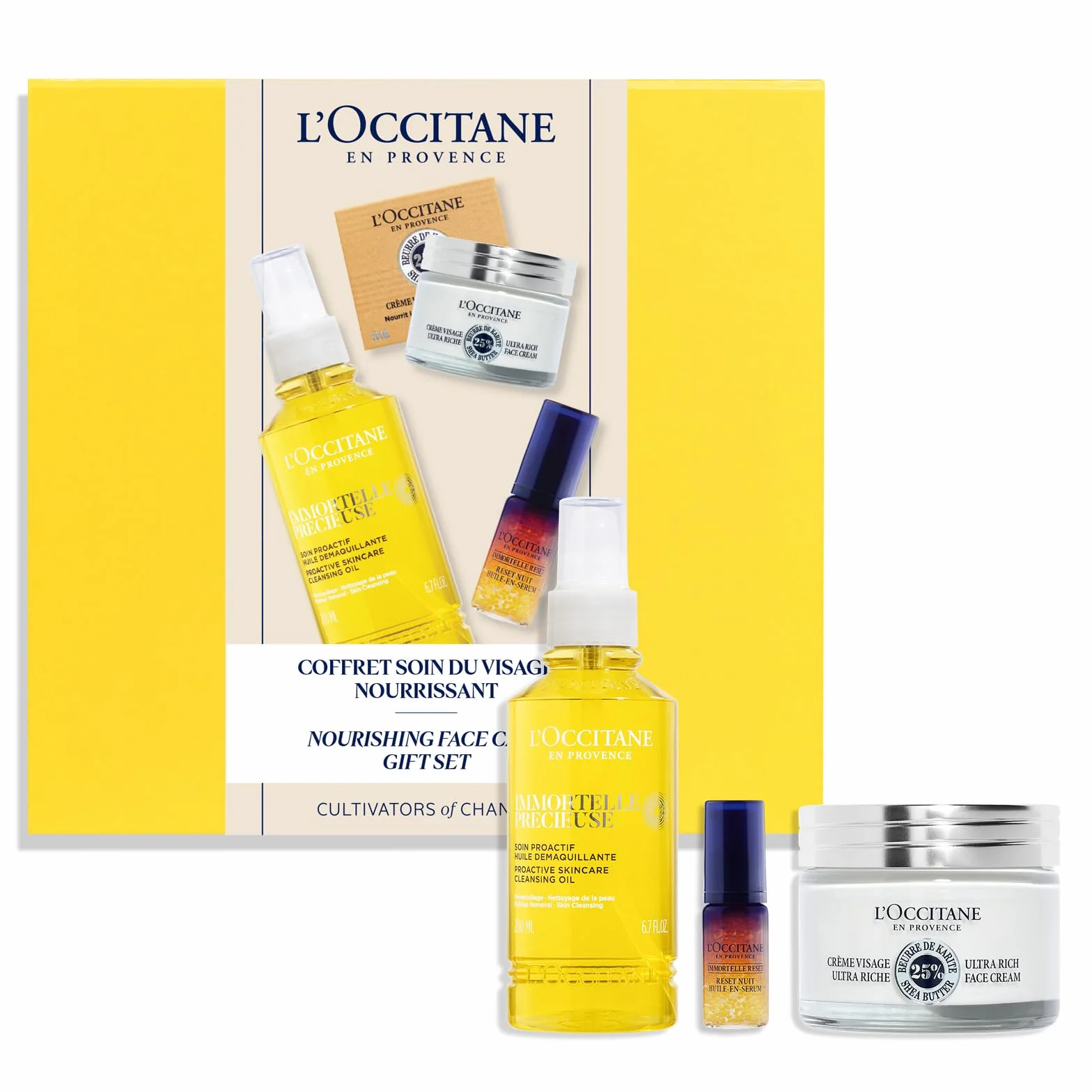 L'OCCITANE Coffret Soin Visage Huile démaquillante Immortelle Précieuse Sérum Reset Crème Ultra-Riche Karité Fabriqué en France