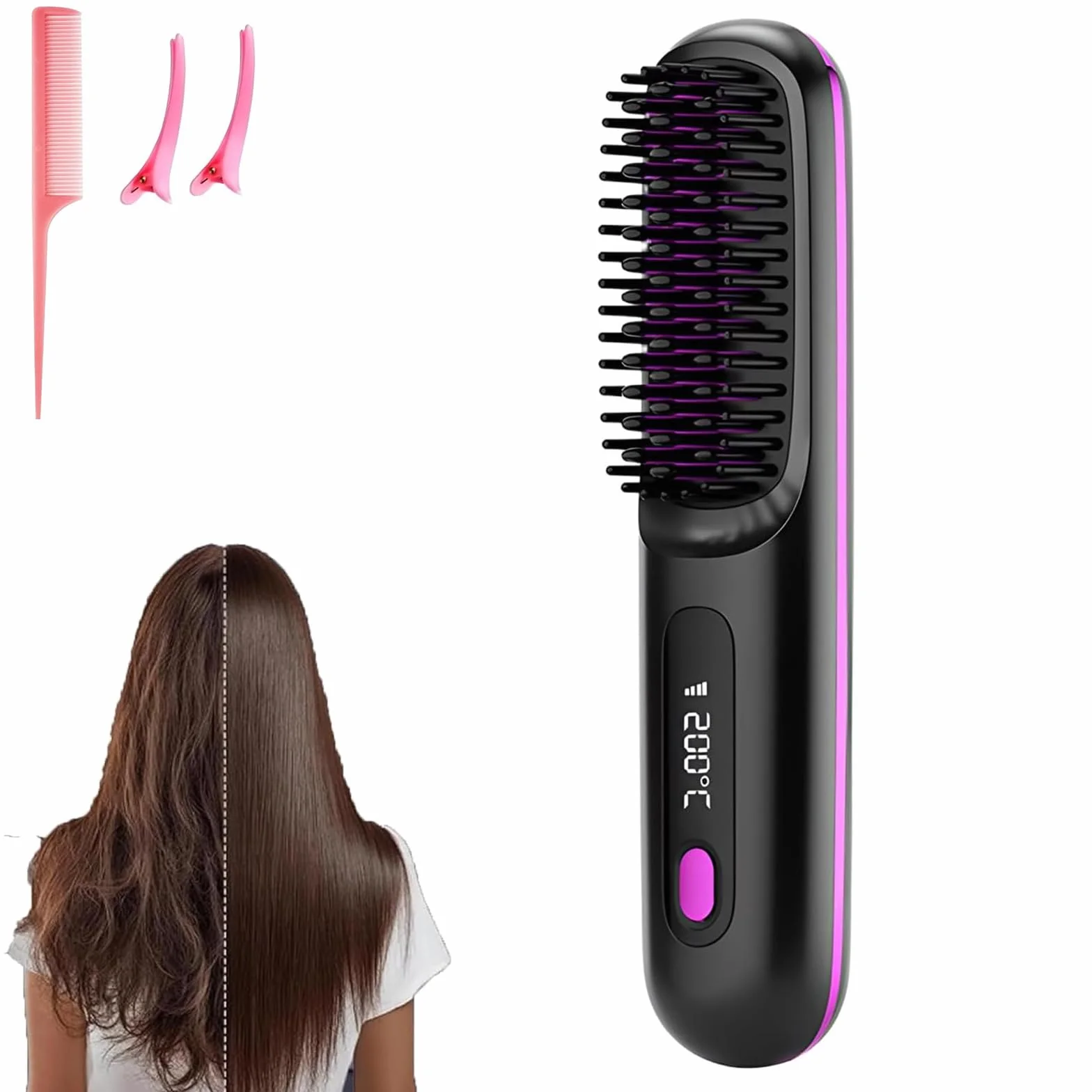 Go Brush Pro Mini brosse à lisser sans fil portable avec affichage LCD température 2000 mAh chauffage rapide céramique (BK)