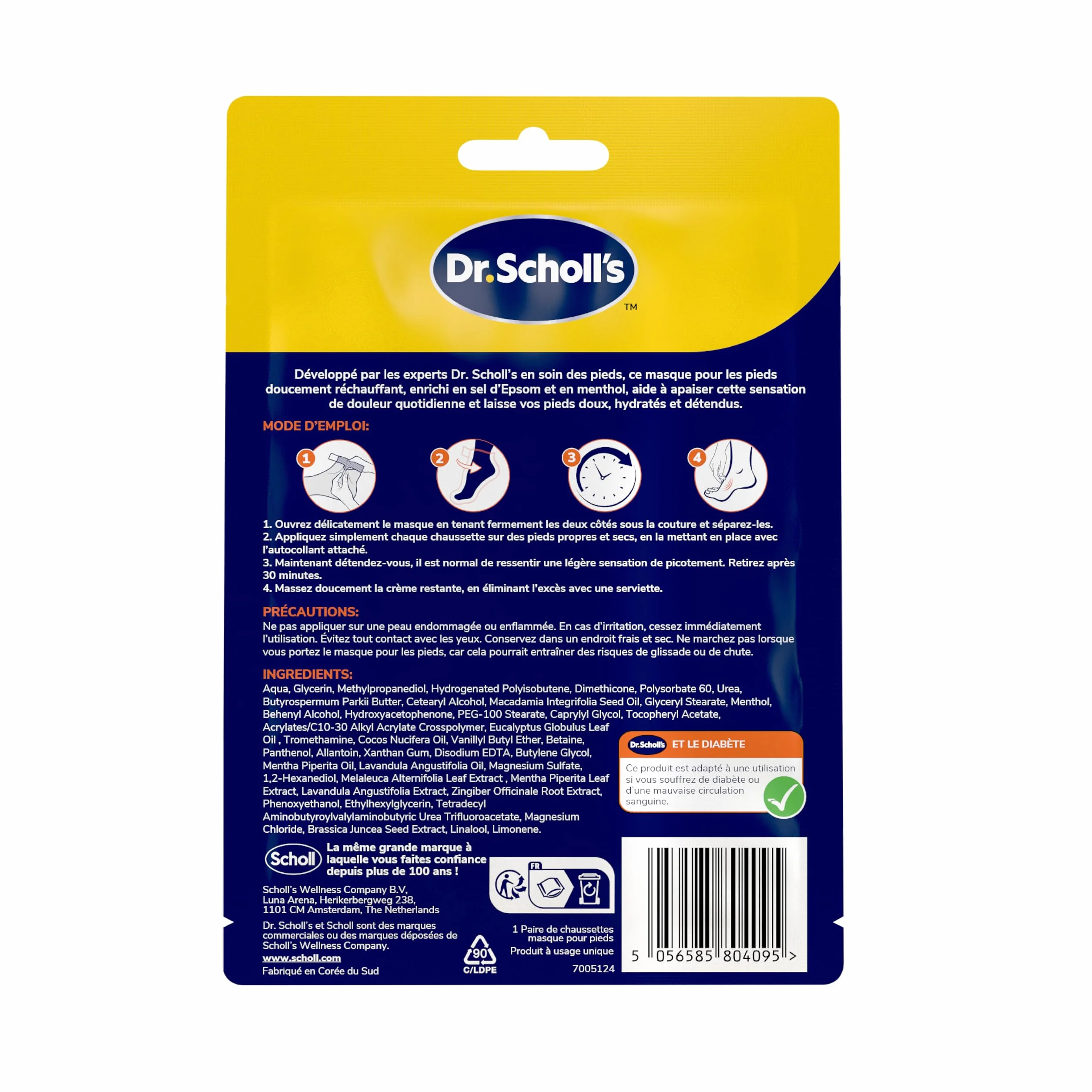 Dr. Scholl's Masque Pieds Apaisant Revitalisant Chaussettes Hydratantes Sels d'Epsom Menthol Beurre de Karité Lavande
