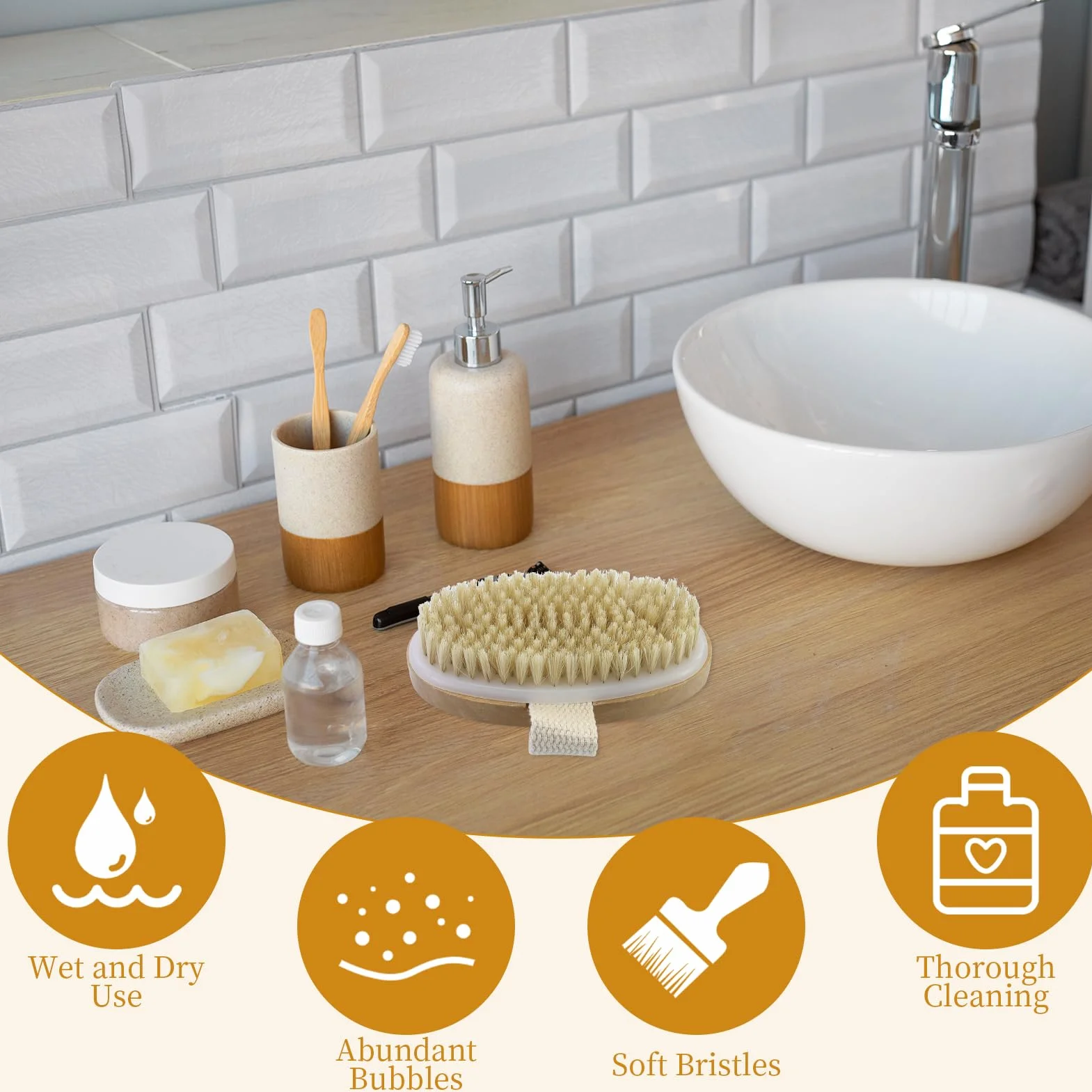 Brosse à sec pour le corps, Brosse exfoliante physique, Brosse masseuse drainage lymphatique, poils naturels
