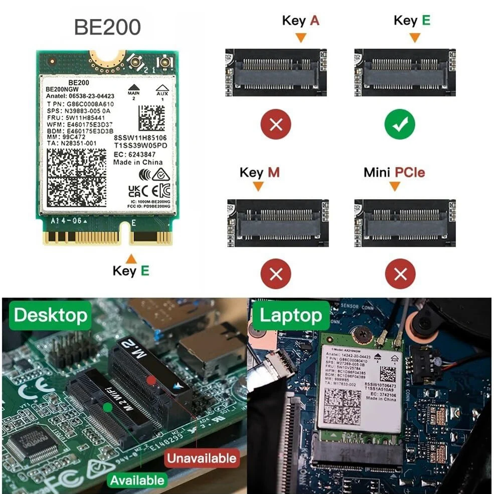 WIFI 7 BE200 BE200NGW Carte WiFi+Antenne Pièces de rechange BT 5.4 802.11AX Tri-Band M.2 NGFF Adaptateur réseau sans fil pour Win10/11