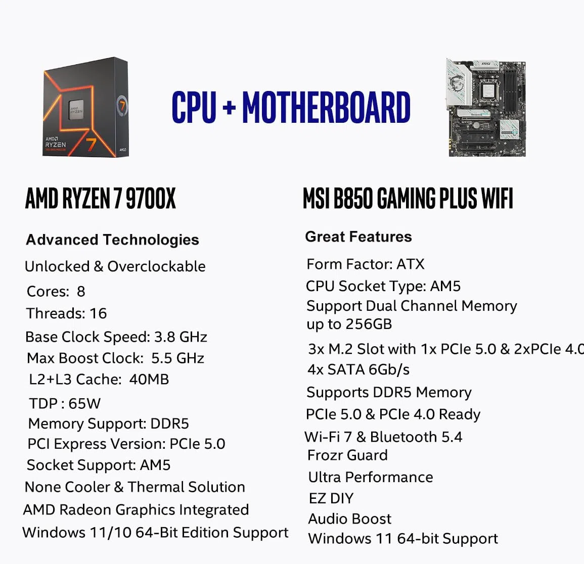 Micro Center Processeur AMD 9700X avec carte mère MSI B850 Gaming Plus WiFi