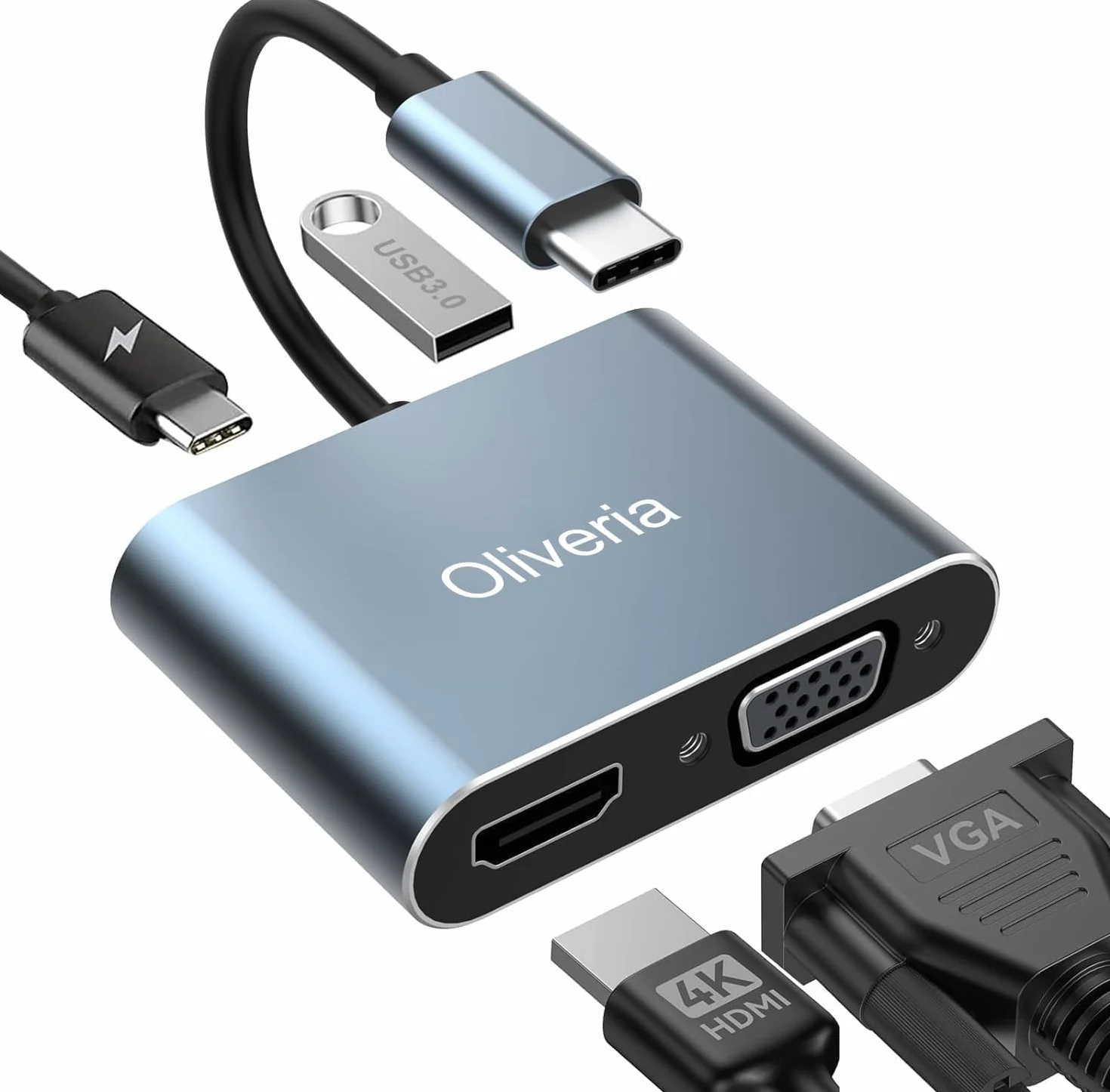 Oliveria Adaptateur multiport USB C 4 en 1 4K 30 Hz HDMI VGA Thunderbolt 3 PD 100 W USB 3.0