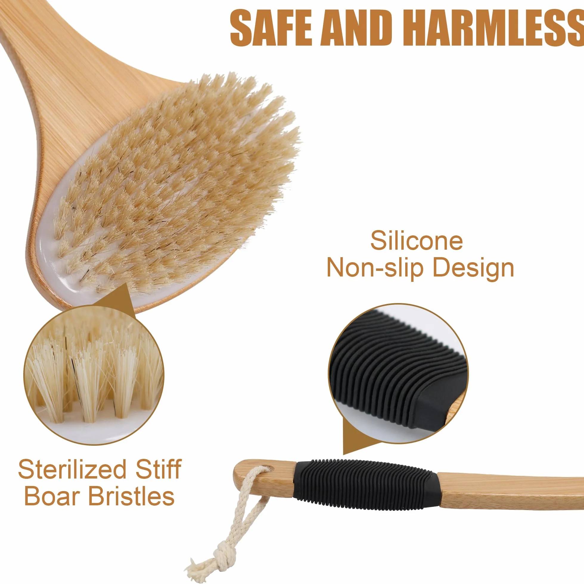 Brosse à récurer pour le dos OWIIZI, poils de sanglier rigides, manche long antidérapant en bambou incurvé, nettoyage en profondeur