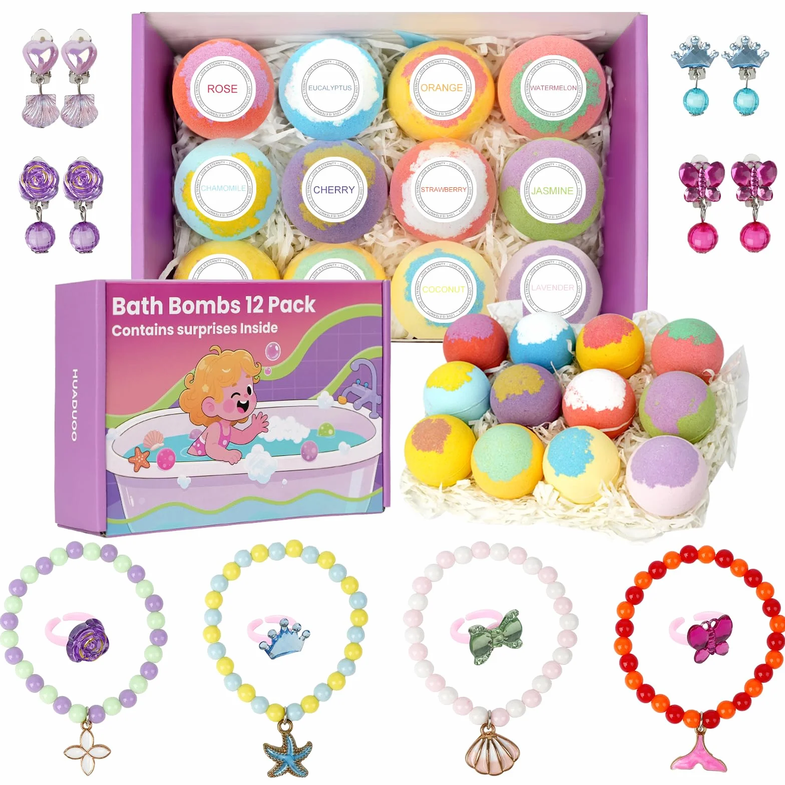 Lot de 12 bombes de bain pour filles avec jouets surprise, boules de bain spa naturelles faites à la main avec bijoux, Noël pour filles 3-12 ans