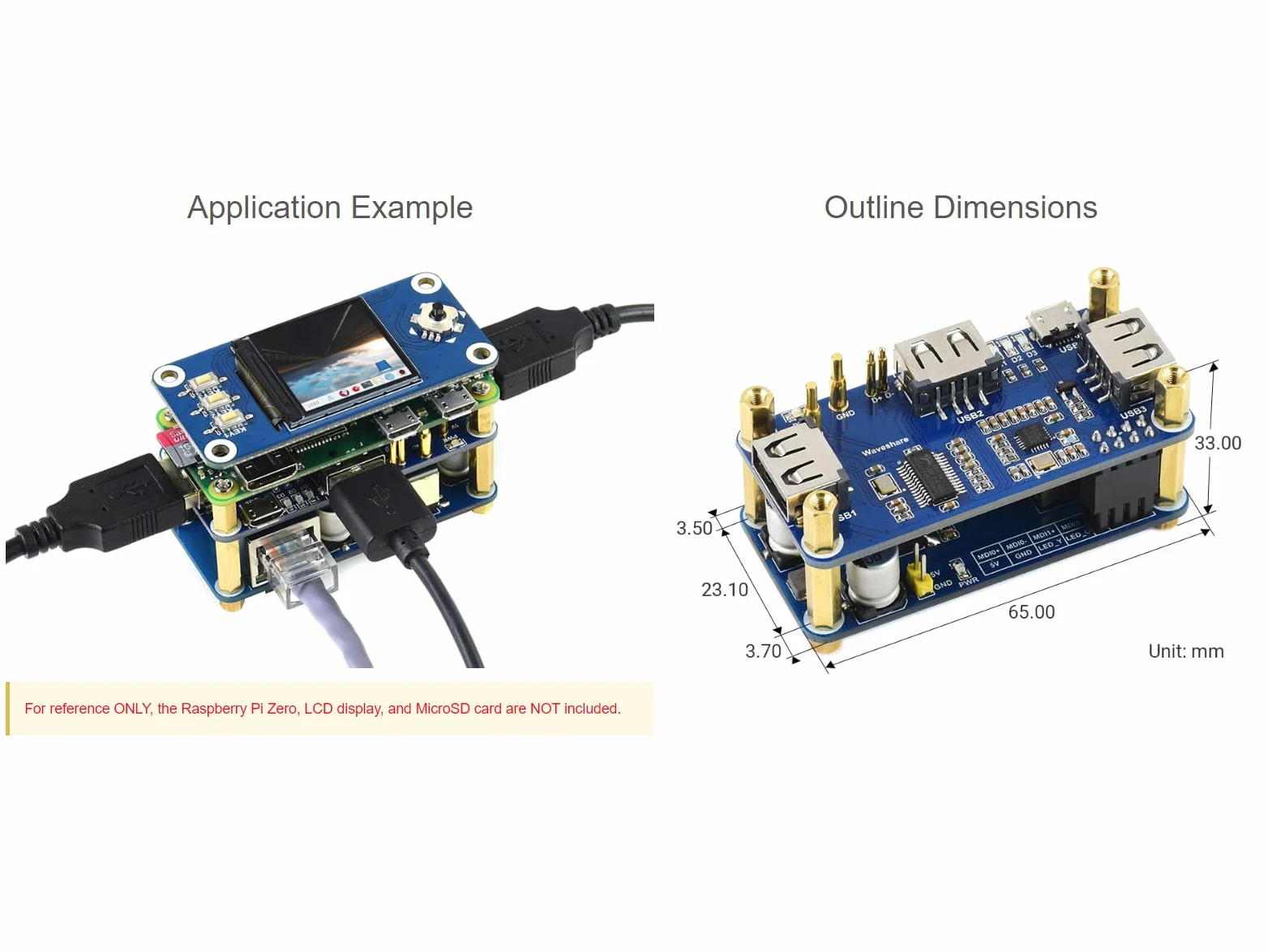 Waveshare PoE Ethernet/USB HUB Hat for Raspberry Pi Zero/Zero W/4B/3B/3B+, 3X USB 2.0 Ports 802.3af-Compliant