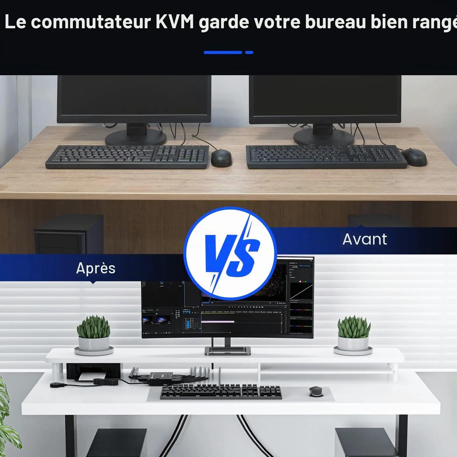 Commutateur KVM USB 3.0 Displayport 2 ports 8K à 30 Hz 4K à 144 Hz, commutateur KVM 2 PC 1 moniteur prenant en charge DP1.4 compatible avec D1.2, avec 4 ports USB 3.0 pour claviers et souris, etc.