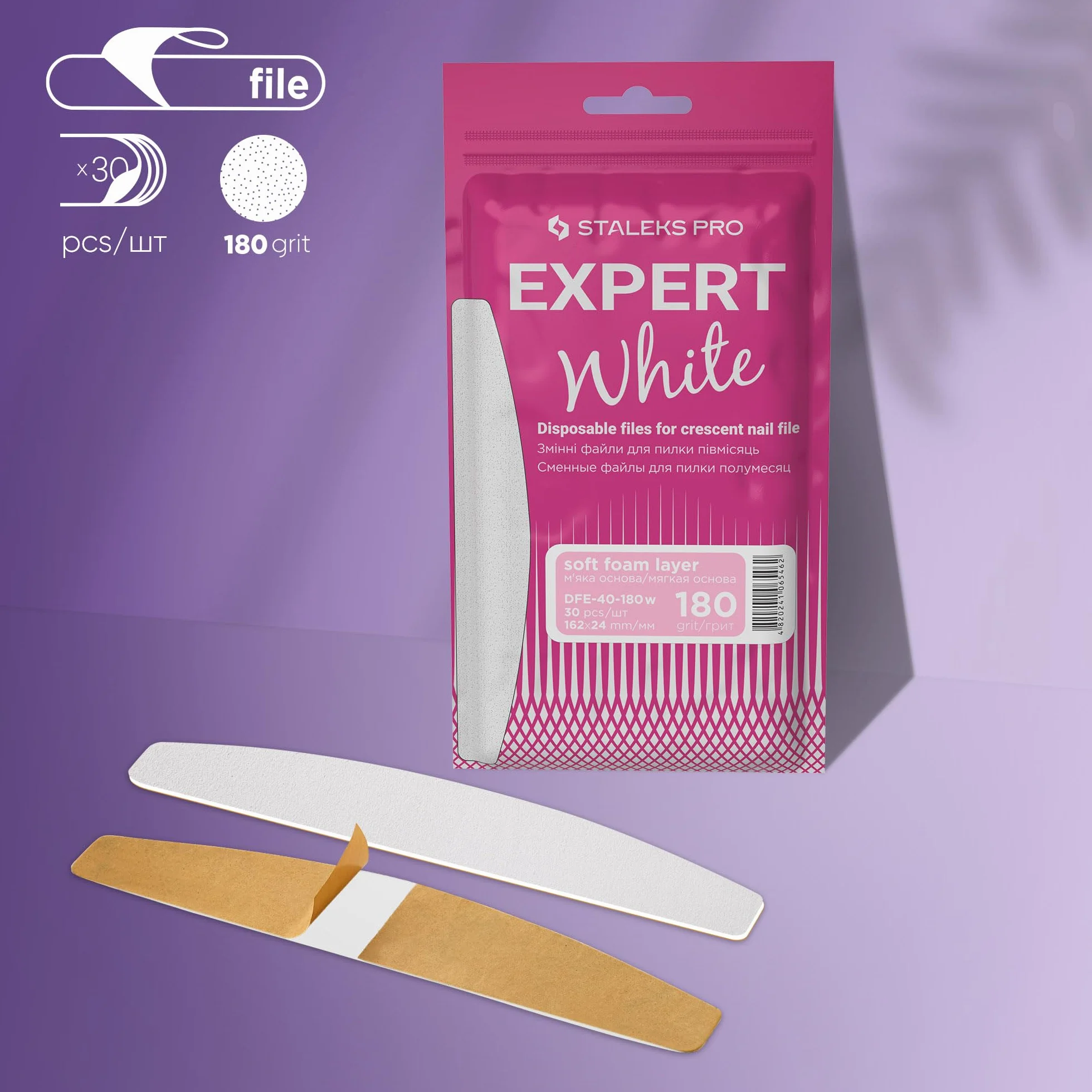 STALEKS PRO Lot 30 limes à ongles base souple mousse adhésifs jetables blancs croissant Expert 40 Grain 180
