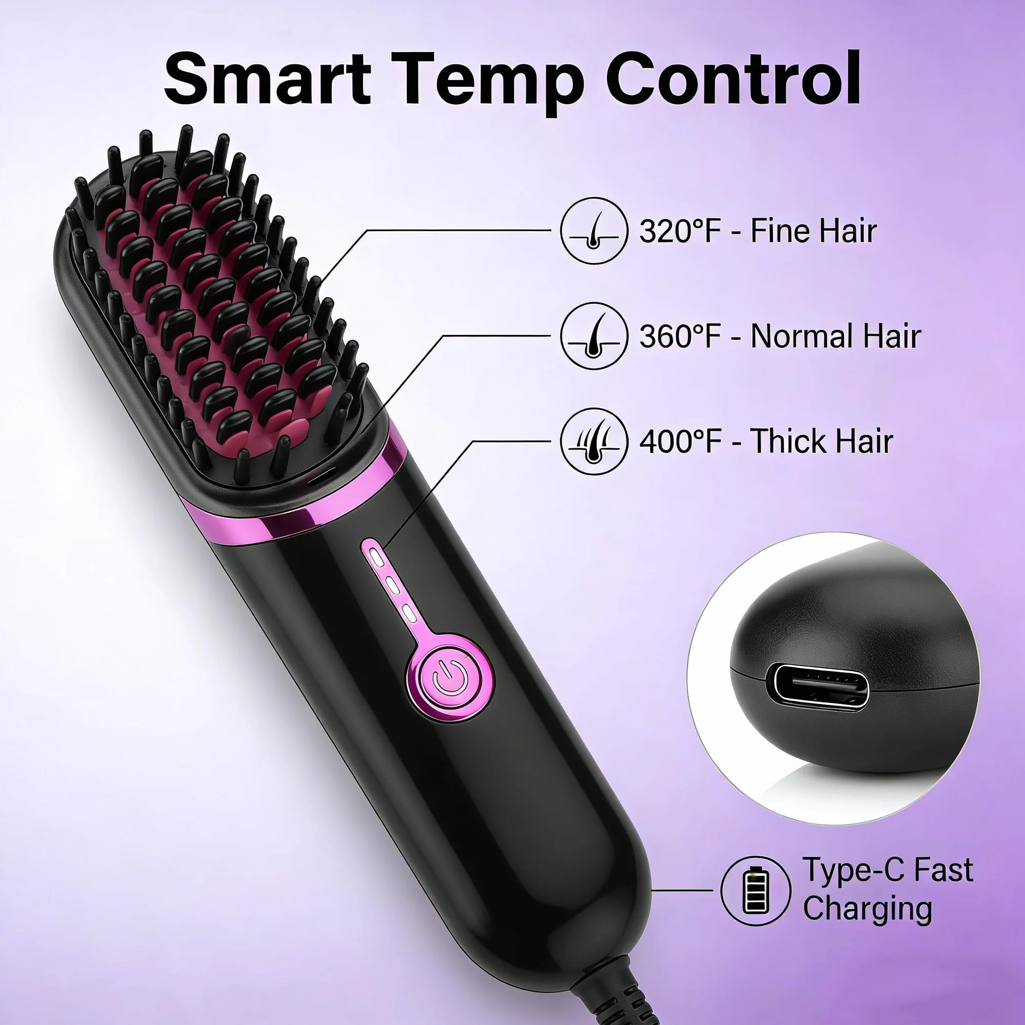 Brosse Lissante Cheveux Ionique Portable Sans Fil Fer à Lisser Défrisage Peigne Charge USB 2 en 1 Noir