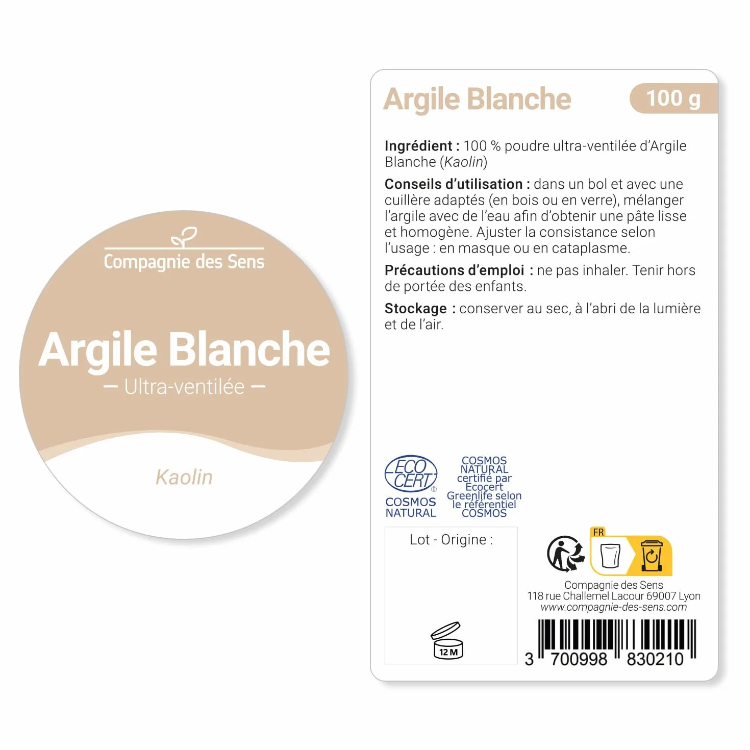 Argile Blanche Kaolinite Poudre ultra-ventilée 100g qualité Premium cosmétique maison