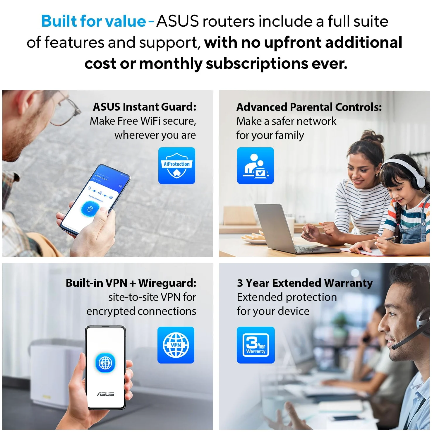 ASUS RT-BE82U Routeur Extensible Intelligent AiMesh WiFi 7 Double Bande (802.11be), 6500 Mbps, Cinq Ports 2,5 GbE, contrôle Parental et VPN, sécurité réseau avancée