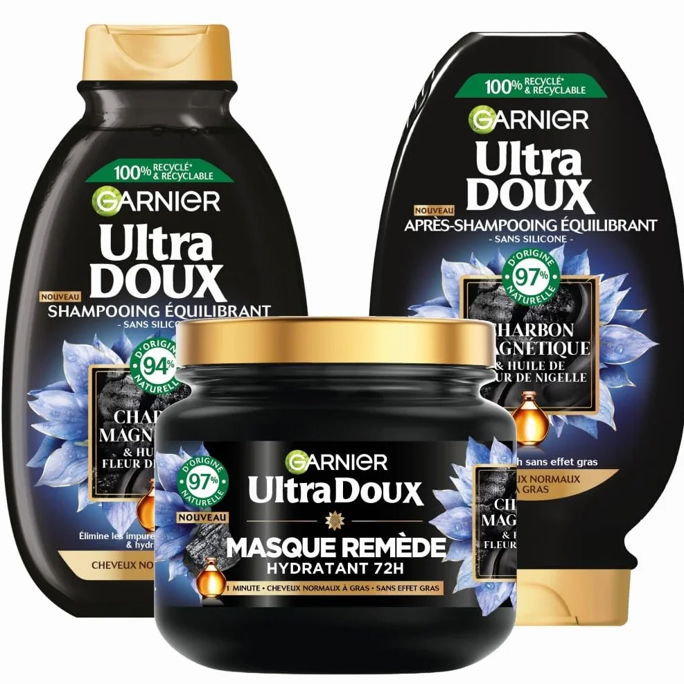 Garnier Ultra Doux Coffret Routine au Charbon Magnétique Huile de Fleur de Nigelle Cheveux Normaux à Gras