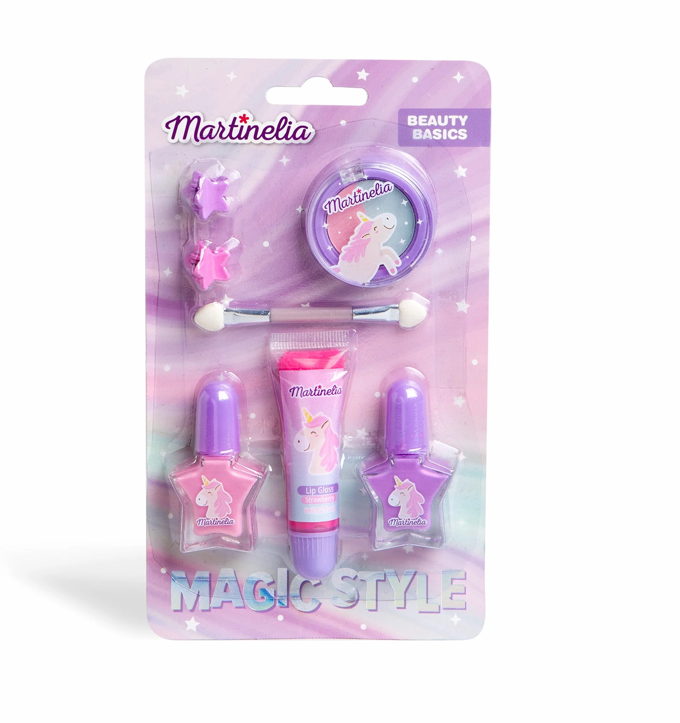 Martinelia Kit Maquillage Enfant Licorne - Gloss Lèvres Fraise, Vernis Ongles, Fards Paupières, Pinceau, Pinces