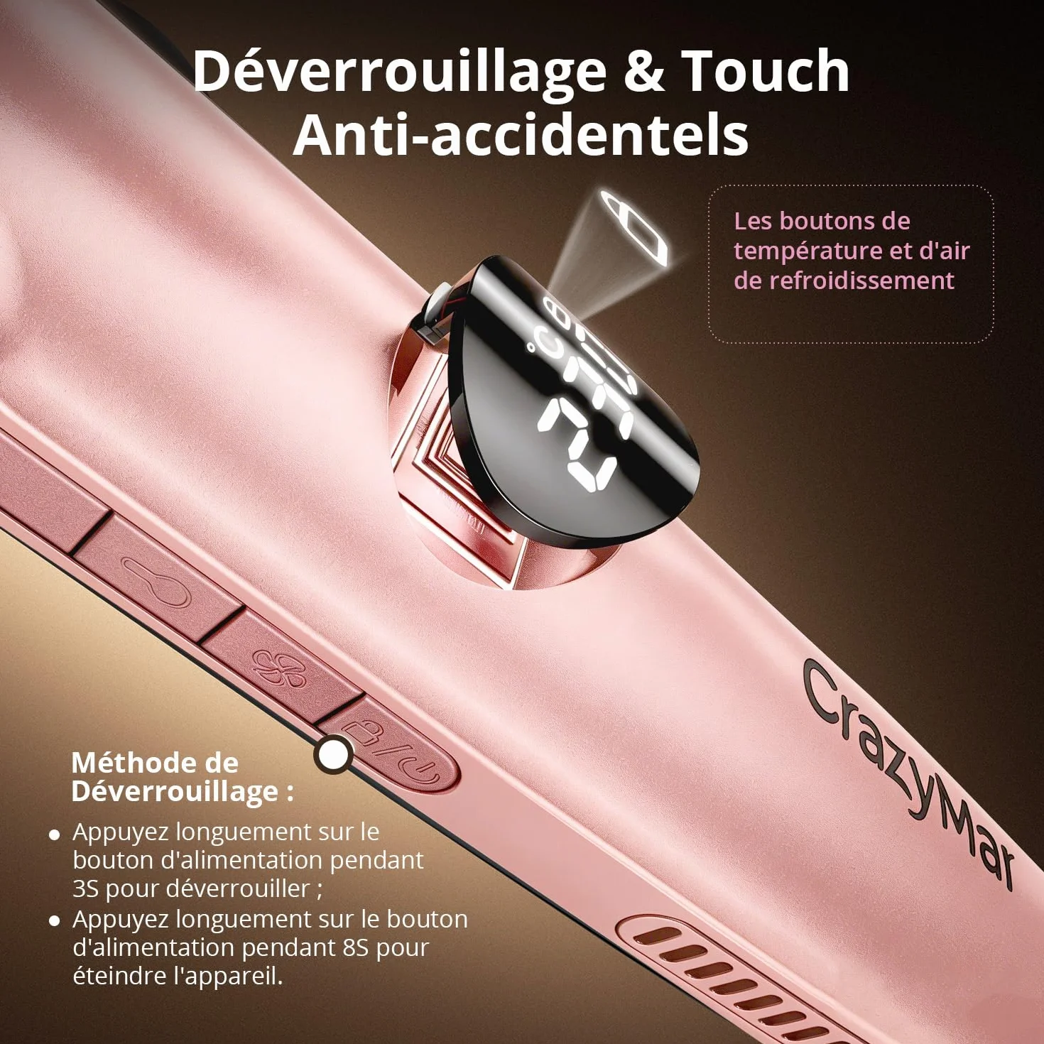CrazyMar Lisseur à Air Froid et Boucleur Ionique 2-en-1 9 Températures 110℃-230℃ pour Cheveux Bouclés Lisses Appareil de Coiffure Rose
