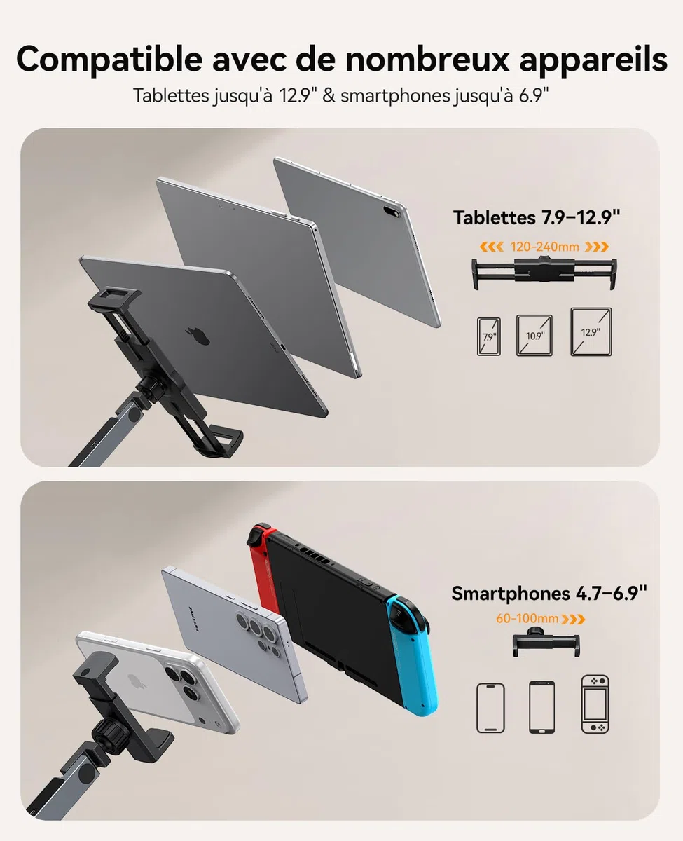 ORICO Support Tablette avec hub USB intégré, Bras réglable en Aluminium pour iPad Pro/Air/Mini, Galaxy Tab et tablettes jusqu'à 12,9", télétravail & création de Contenu – RA1-3P, Gris