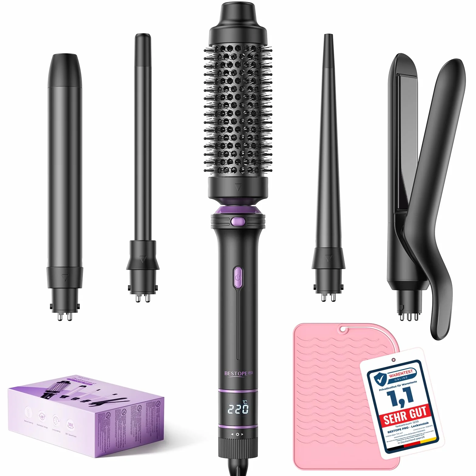 BESTOPE PRO Fer à Boucler 5 en 1 avec Lisseur, Brosse Thermique, 3 Fers Céramique 9-25 mm, 13 Températures