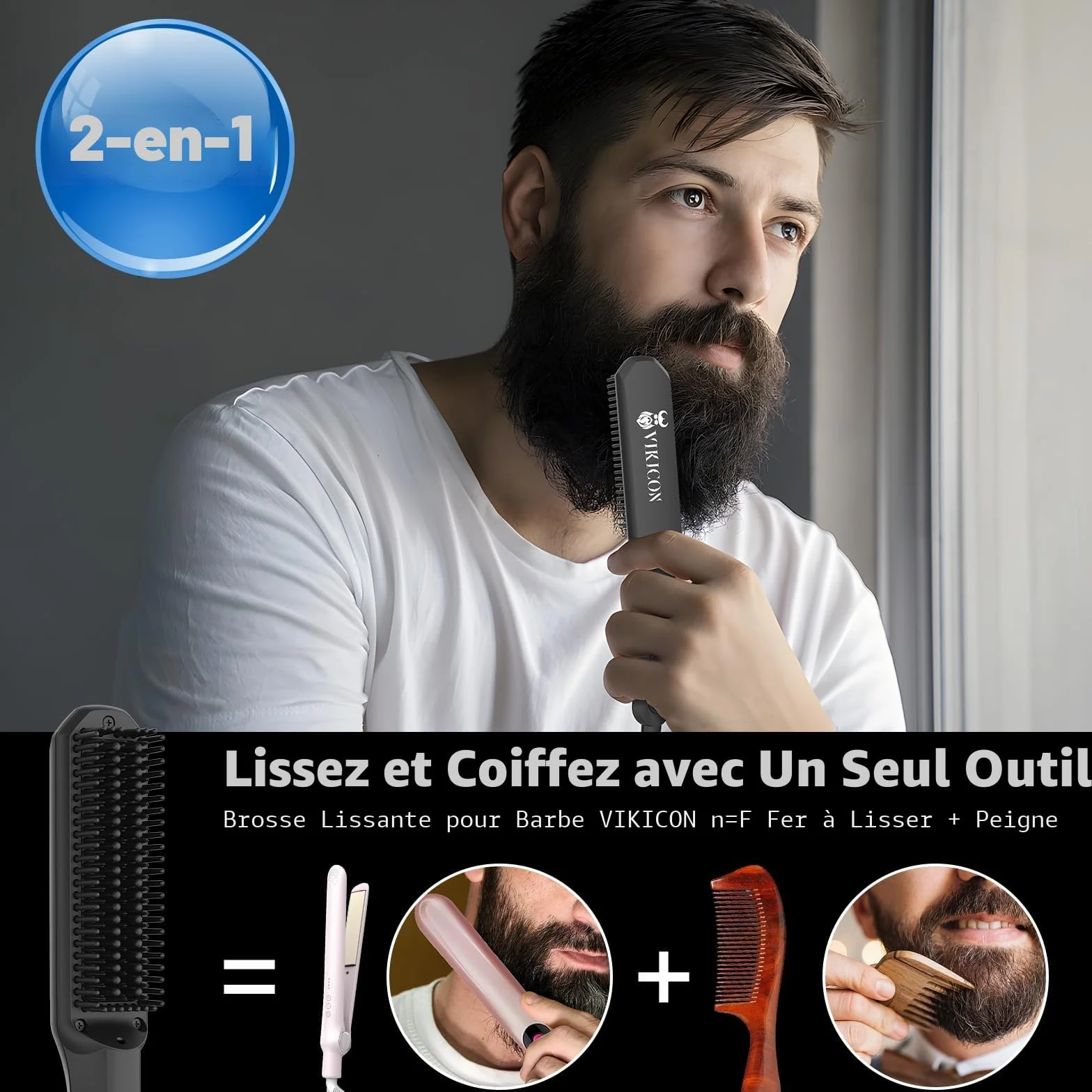 VIKICON Lisseur Barbe Homme, Mini Lisseur Cheveux Ions Négatifs, 3 Températures Réglables, Portable, Chauffage Rapide