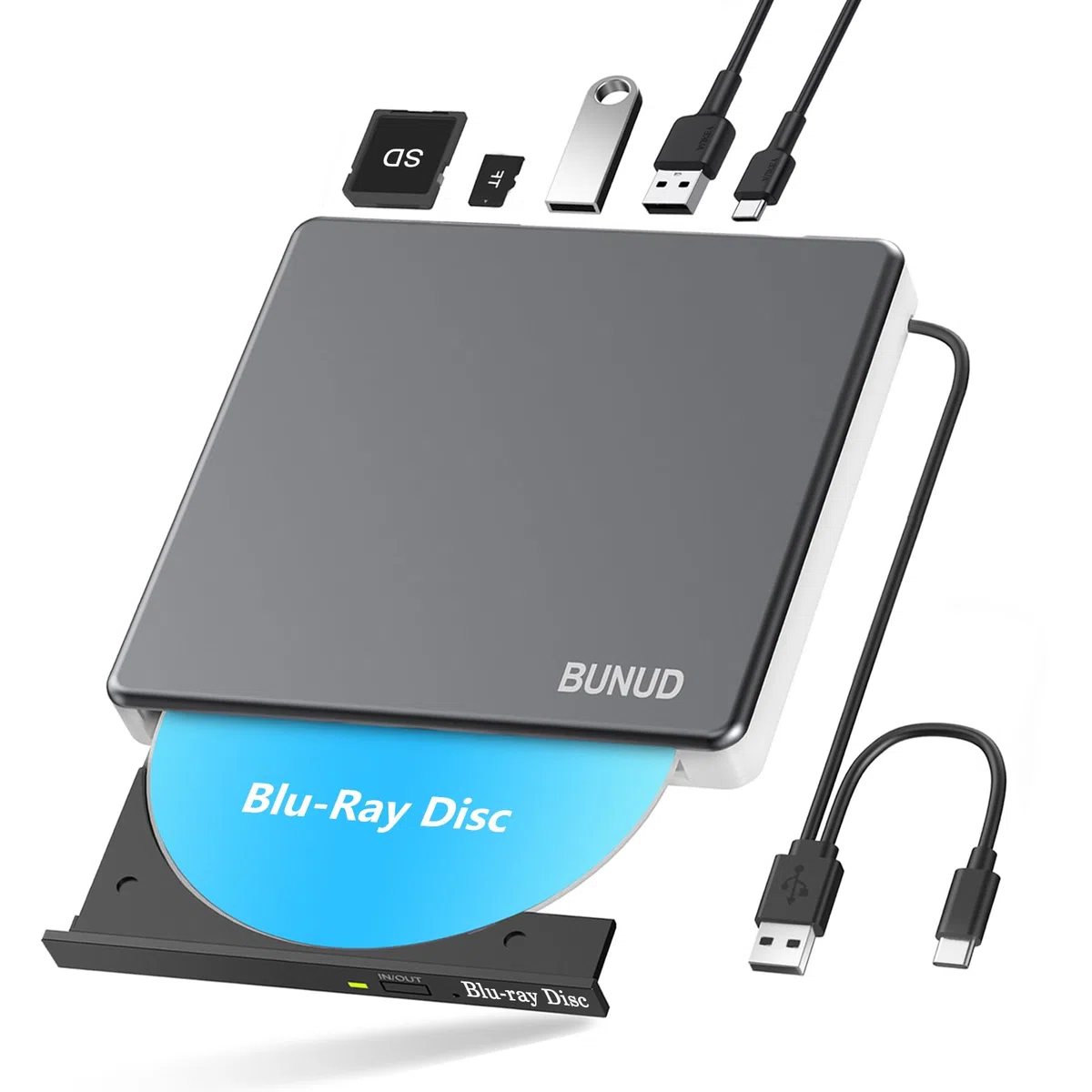 Lecteur externe Blu-ray CD DVD USB 3.0 & Type-C Graveur CD/DVD Blu-ray 2 ports USB & SD/TF Compatible PC Portable Windows 11/10 Mac MacBook