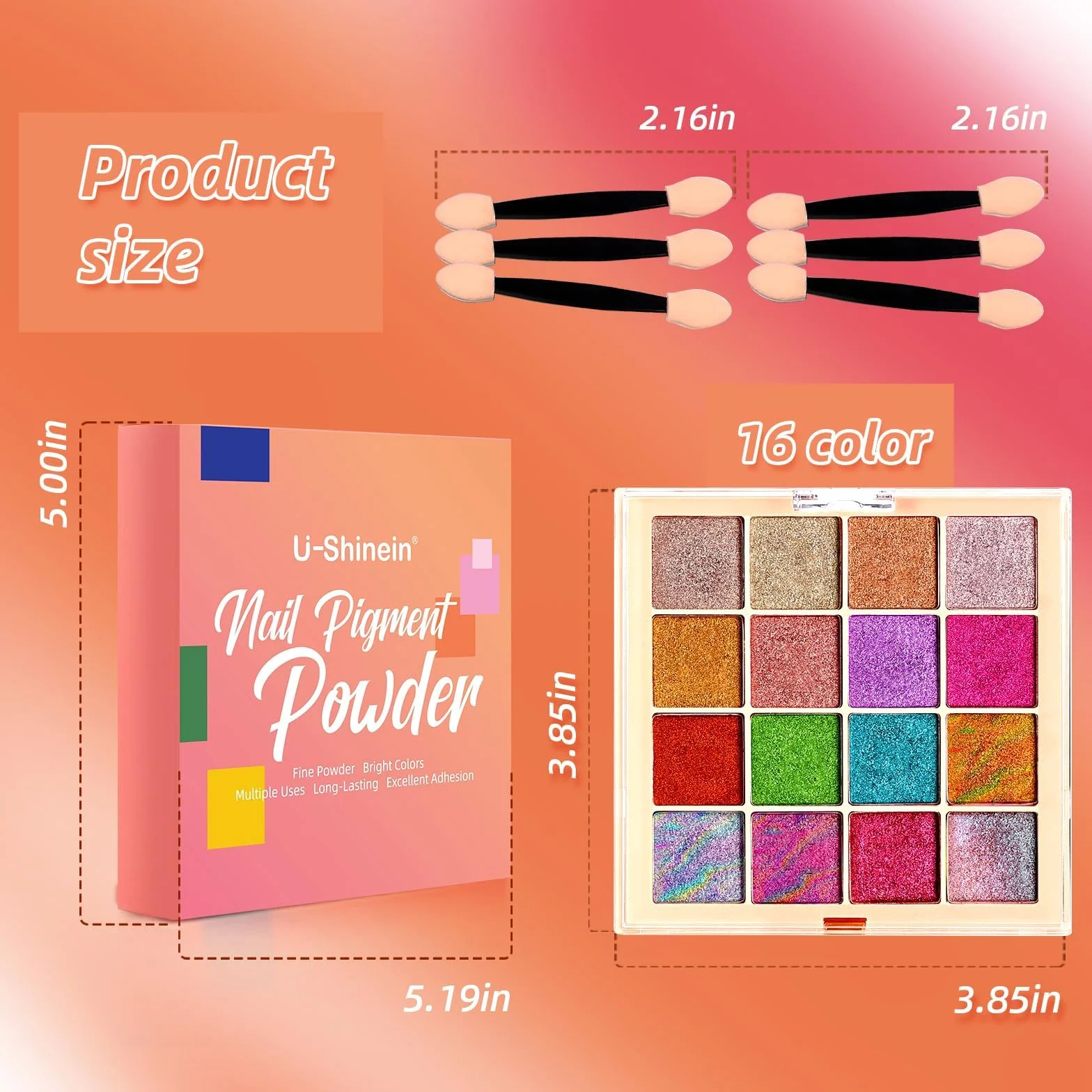 Palette de poudre pigmentée pour ongles 16 couleurs avec éponges et stylo French Aura