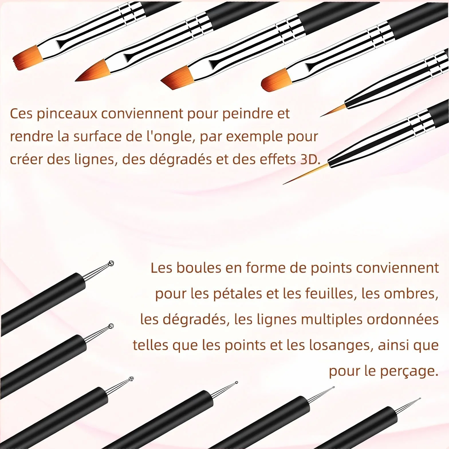 Kit de Manucure Nail Art avec 6 Pinceaux et 6 Stylos à Pointes Doubles (Noir)