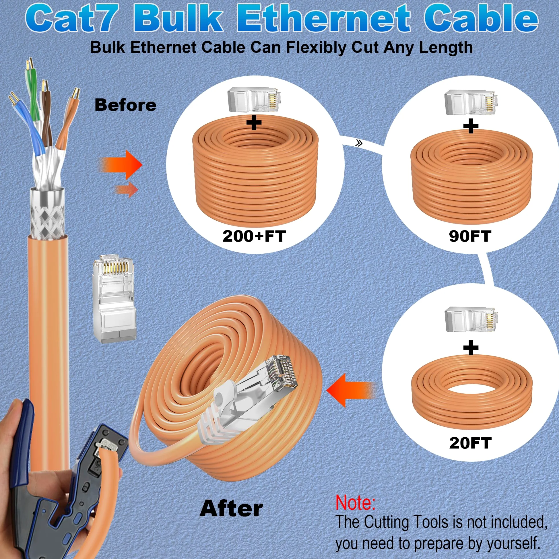 Câble Ethernet d'extérieur Cat 7 de 61 m (10 RJ45), câble Ethernet blindé SFTP Cat 7 en vrac, très résistant, haut débit, 10 Gbit/s, 600 MHz, enfouissement direct, imperméable, résistant aux UV