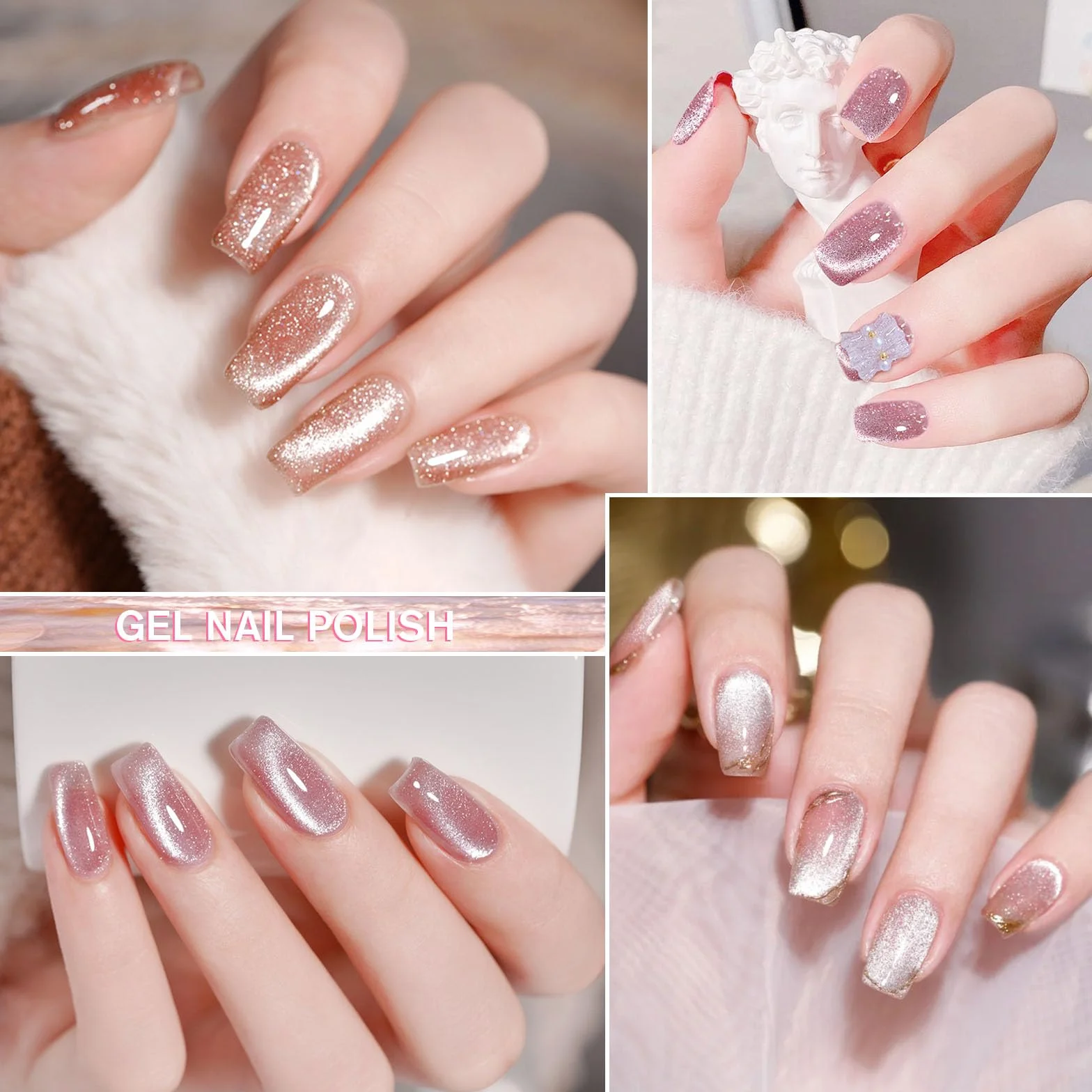 Shining She Vernis Semi Permanent Magnétique 4 Couleurs Nude Rose Or Rose Holographique Cat Eye 8ml