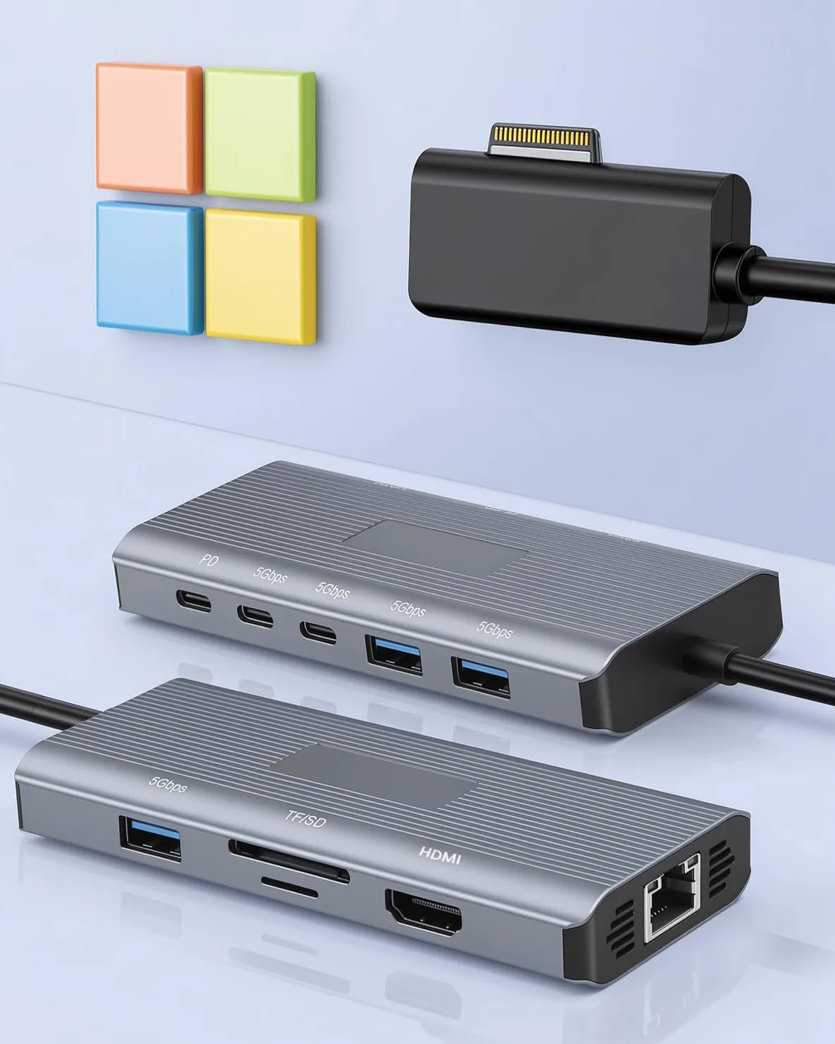 10-en-1 MS Surrface Dock 2-Station d'accueil Surrface,HDMI 4K@60Hz | Ethernet Gigabit,3xUSB 3.0,2xUSB-C 3.0,1xUSB-C PD,SD/TF,pour MS Surface Pro 11/10/9/8/X/7/6/5,Surface Laptop, Book