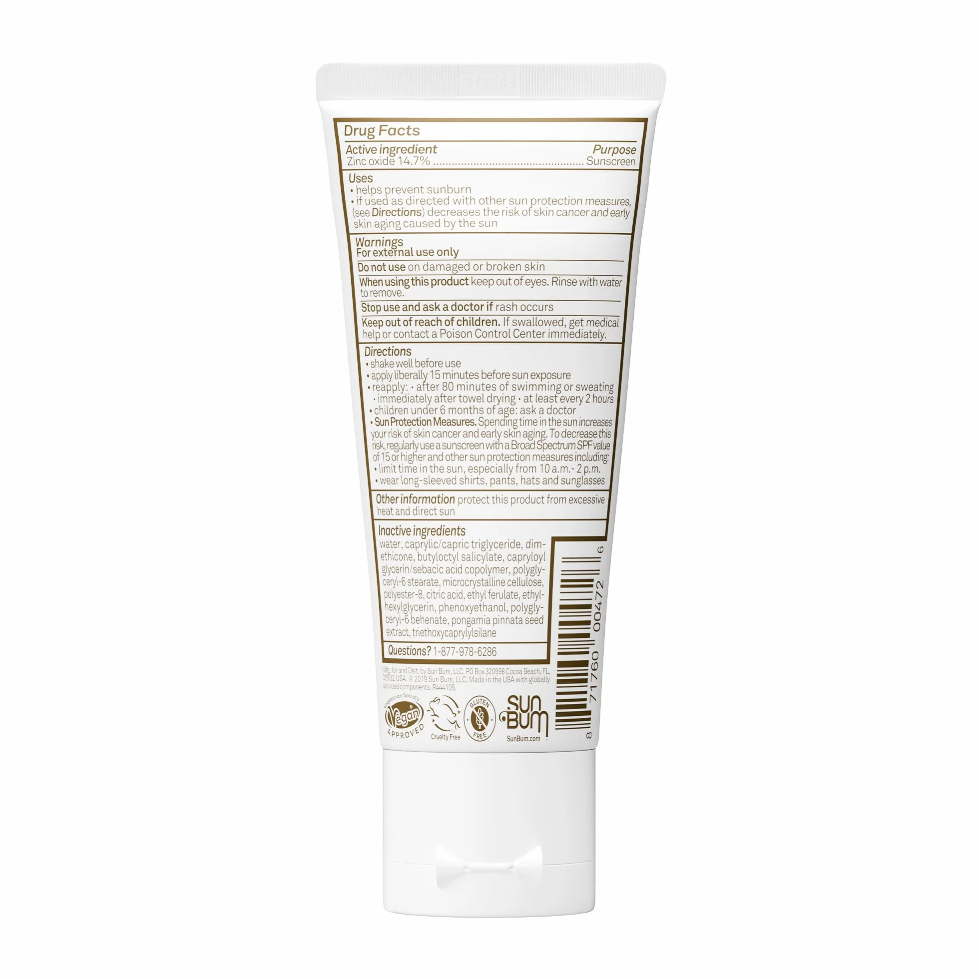 Sun Bum Crème solaire minérale SPF 50 85 g large spectre UVA UVB végétalienne adaptée récifs