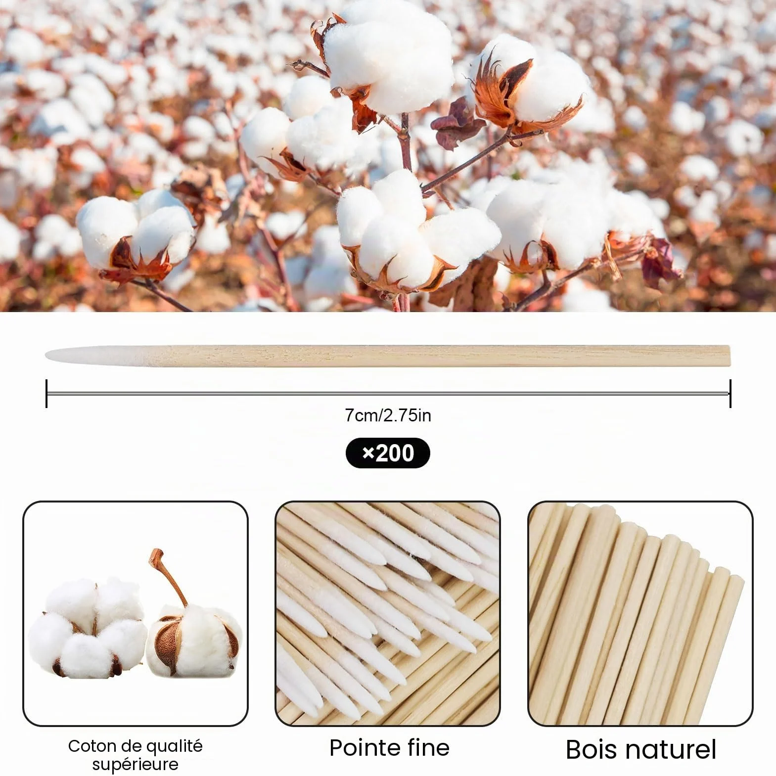 Cotons-tiges pointus en bois 7 cm pour tatouage sourcils beauté maquillage ongles bambou