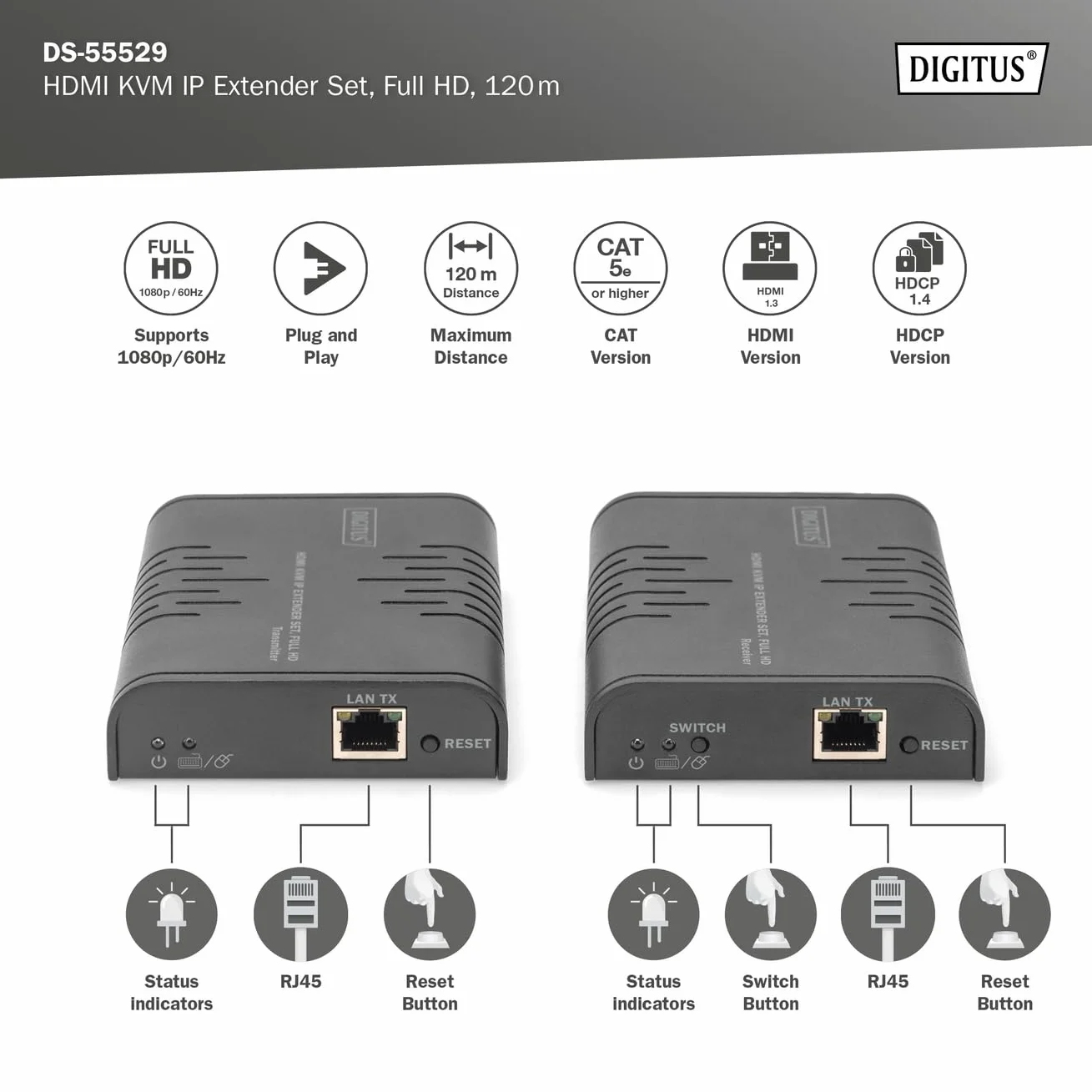 DIGITUS DS-55529 Extender/Splitter KVM HDMI - Full HD 1080p 60 Hz - 120 m Via câble LAN/Illimité Via Ethernet (Compatible IP) - Kit : émetteur & récepteur - HDMI 1.3 & HDCP 1.4