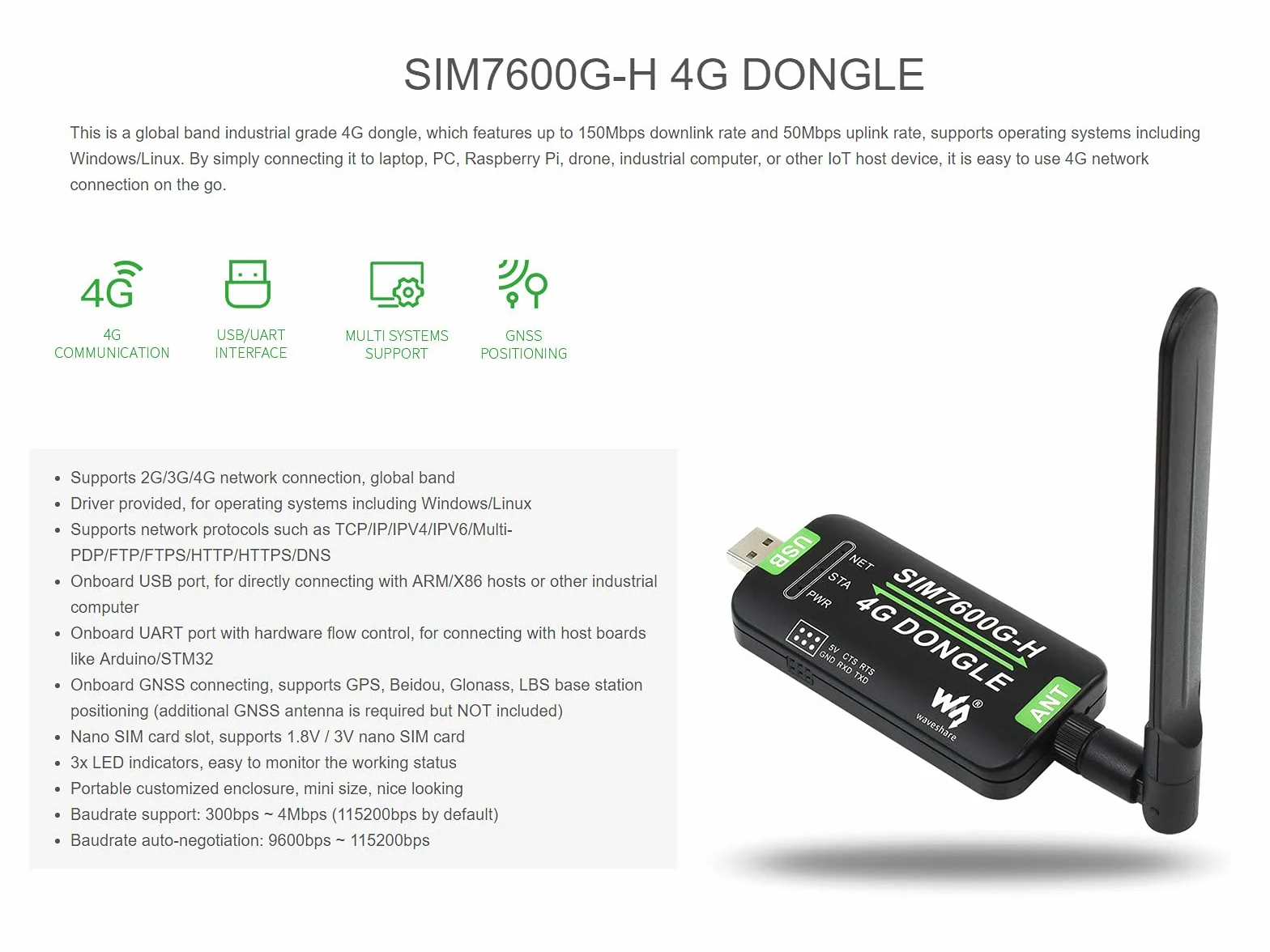 Waveshare SIM7600G-H 4G Dongle z Anteną Kompatybilny z Windows/Linux