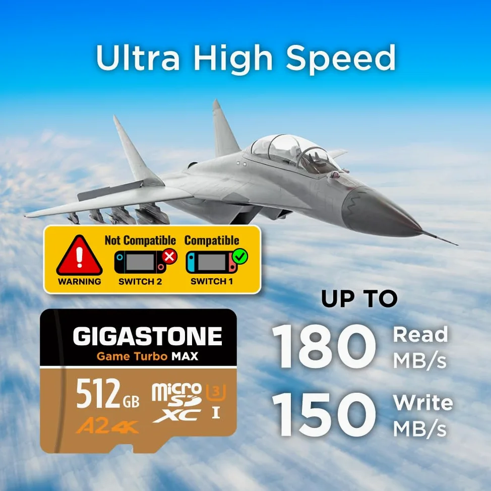 【pour Switch 1 Seulement】 GIGASTONE MicroSDXC 512 Go, Game Turbo Max, Vitesse jusqu'à 180/150 Mo/s, pour Switch, Steamdeck, 4K Video A2 V30 U3 MicroSDXC avec Adaptateur【Récupération Gratuite 5 Ans】