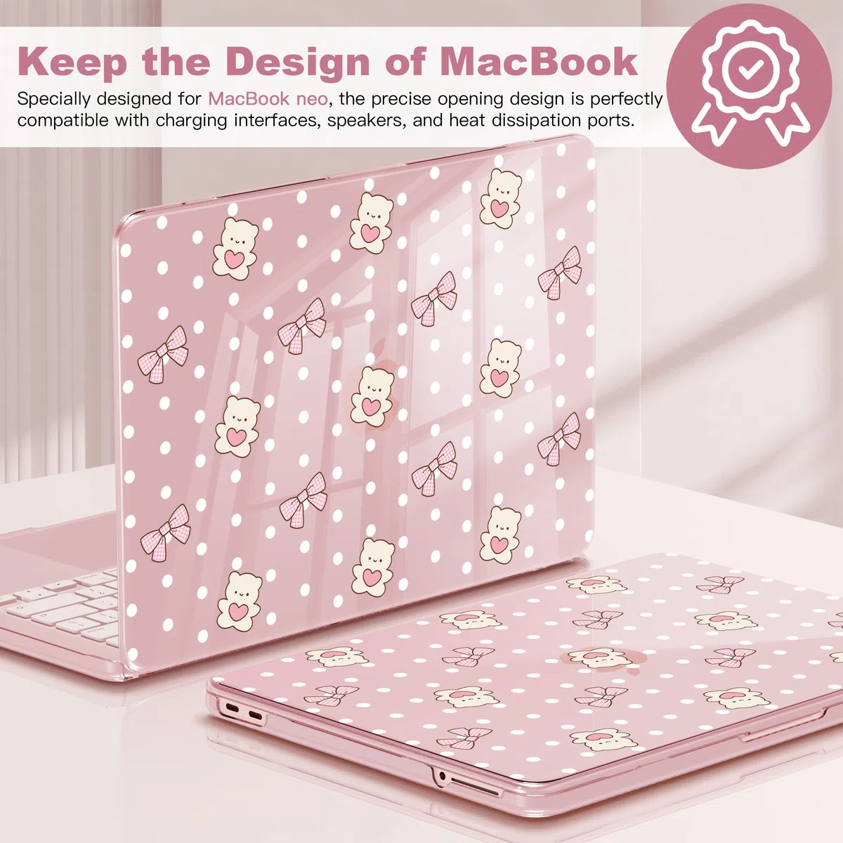 CISSOOK Coque de protection en plastique rigide pour MacBook Neo 13" A3404 avec protecteur de clavier, protecteur d'écran et adaptateur USB C Motif cœur et pois Rose