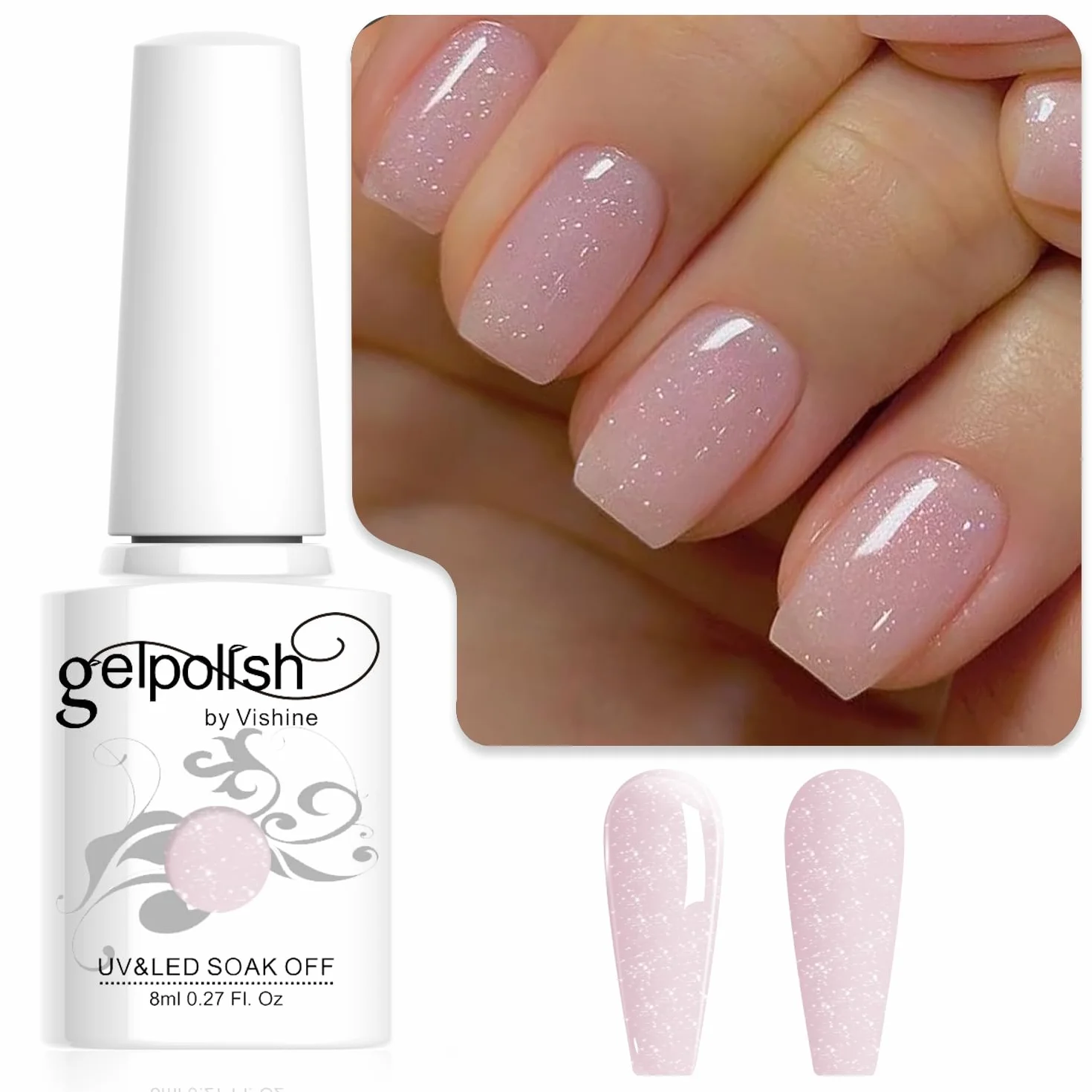 Vishine Vernis Gel Semi-Permanent Transparent pailletée Rose Nu, Jelly Milky Glitter Soak-Off UV LED Nude 8ml