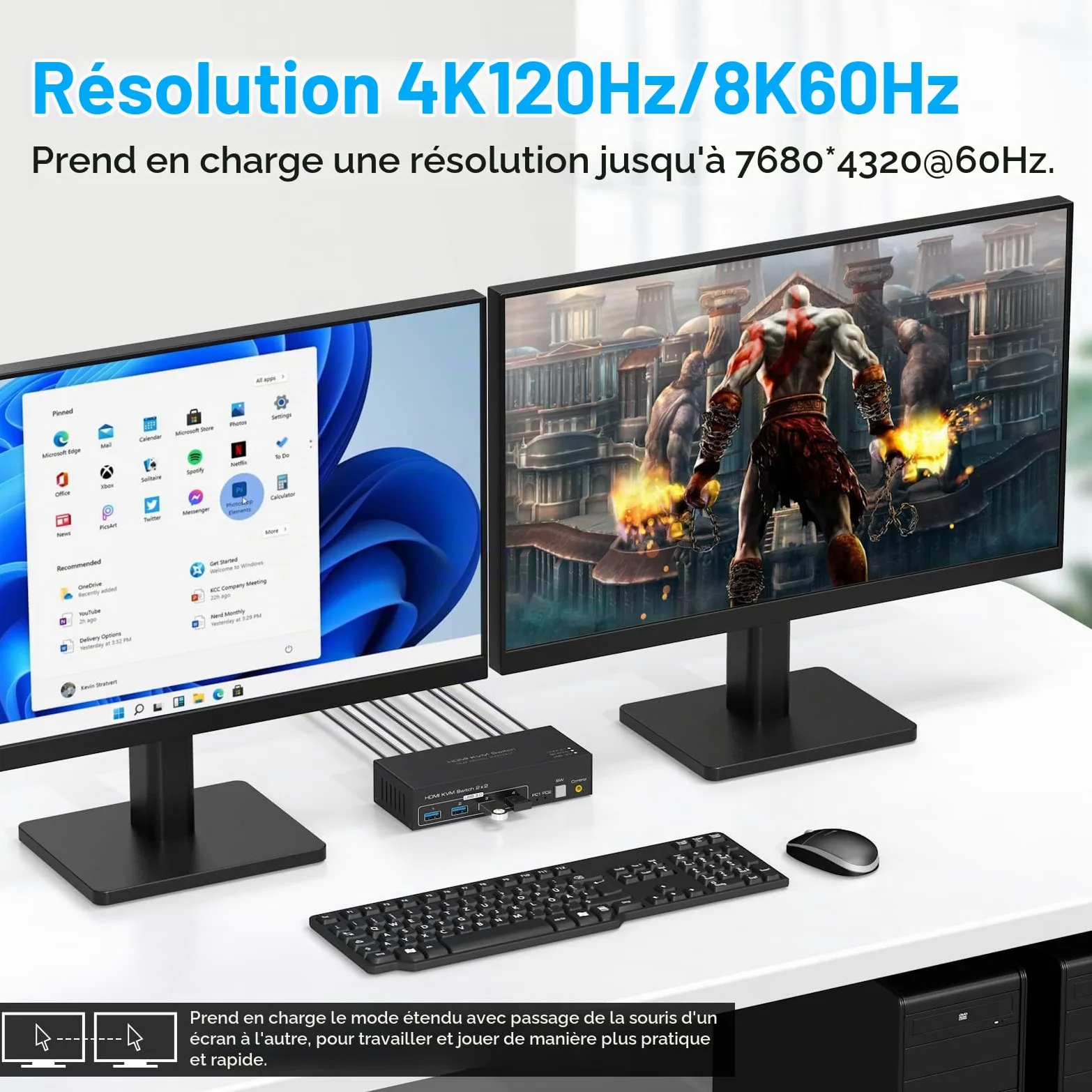 4K120Hz HDMI Commutateur KVM 2 pc 2 Monitors 8K60Hz Pour KVM Switch 2 PC 2 écrans avec 4 Ports USB 3.0 Prend en Charge le Contrôle des Câbles de BureauInclut 2 Câbles USB3.0
