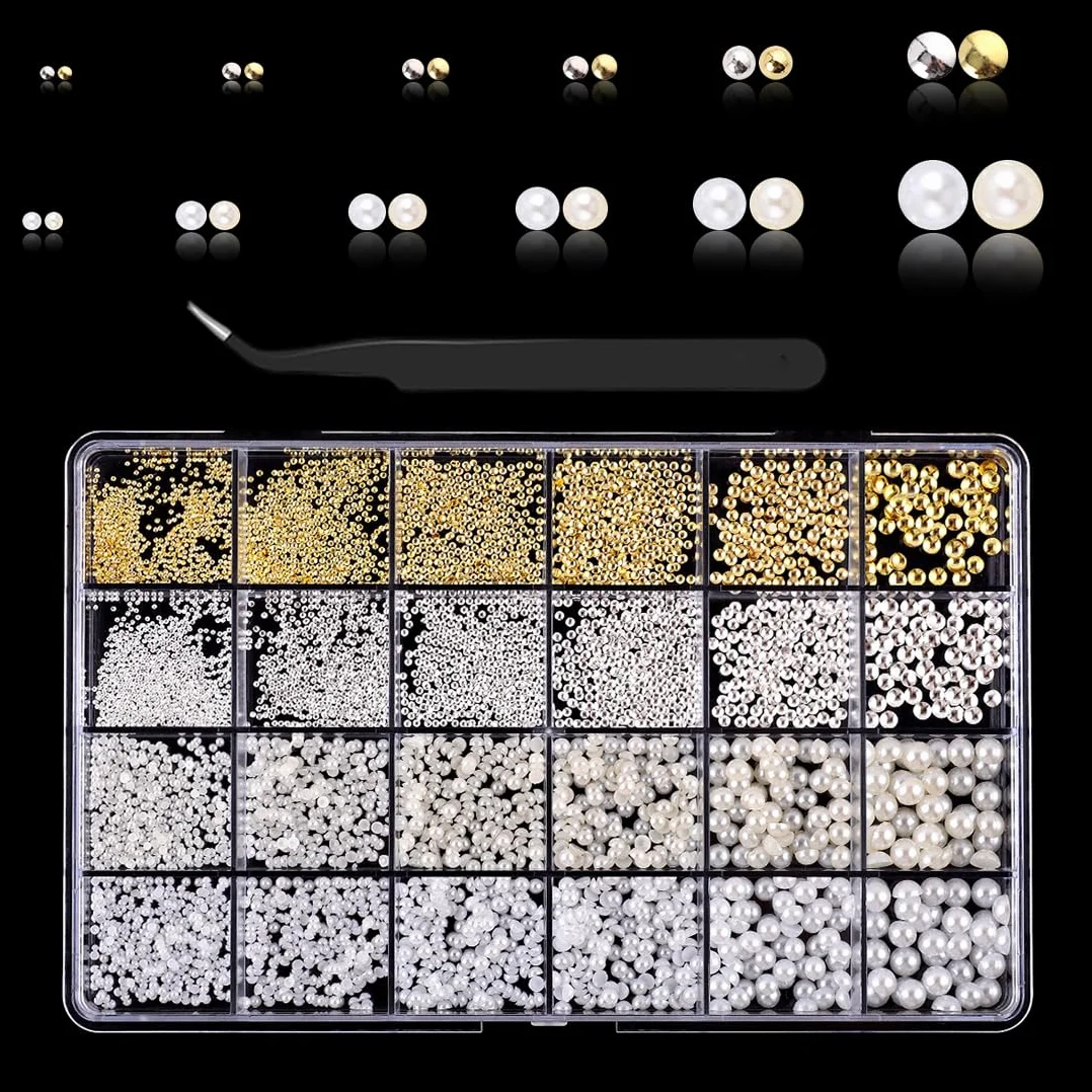 Perles plates dorées et argentées pour ongles, Strass ongle, demi-rondes blanches et beiges, Deco ongle nail art DIY