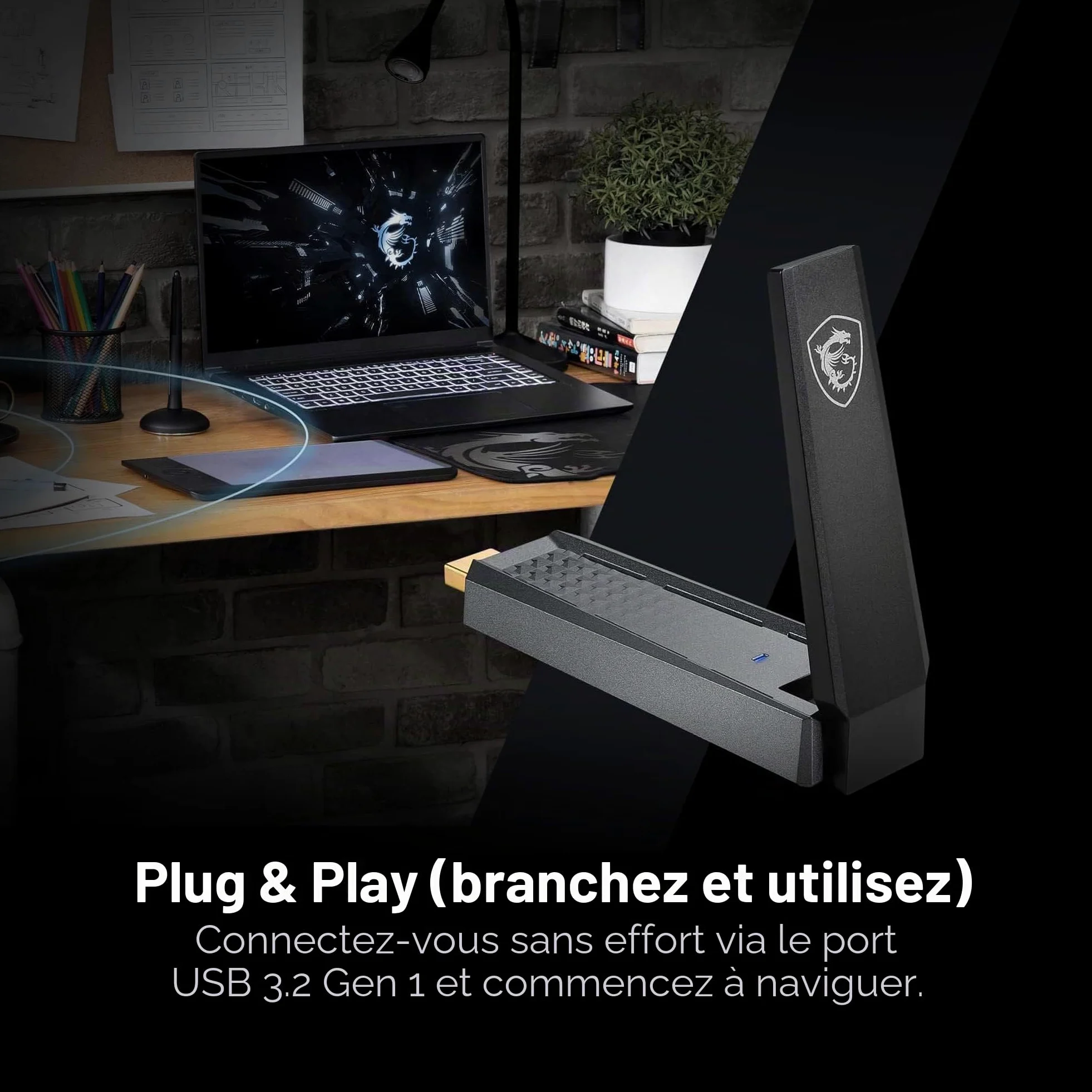 MSI AX1800 Adaptateur USB WiFi, WiFi 6, MU-MIMO, 802.11ax Dual-Band Gigabit Wireless, Plug and Play, Adaptateur de Jeu USB Haute Vitesse Longue portée