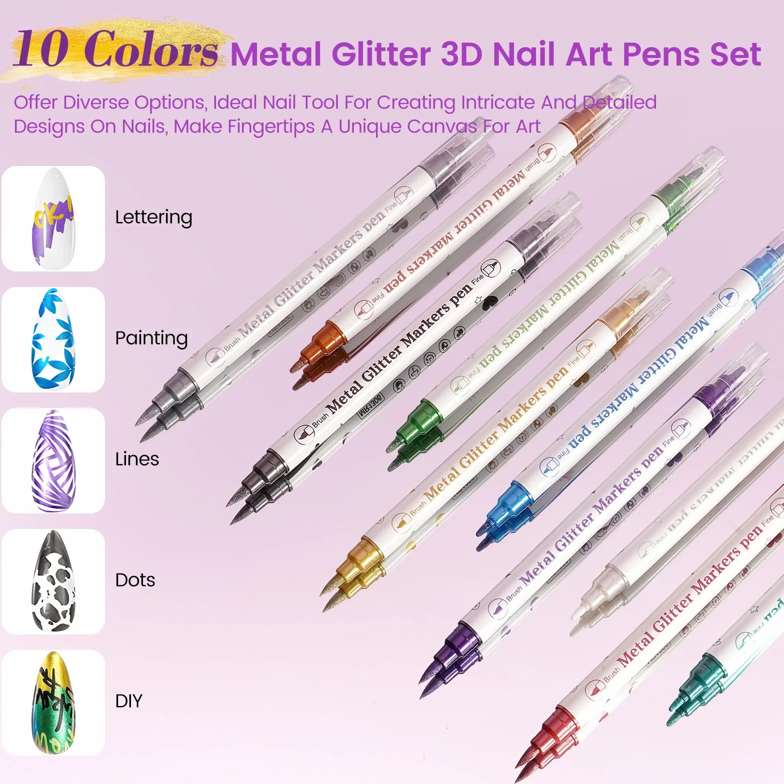 Stylos Nail Art 3D Double Pointe Métallique Vernis à Ongles Graffiti Pointe Fine Séchage Rapide 10 Couleurs