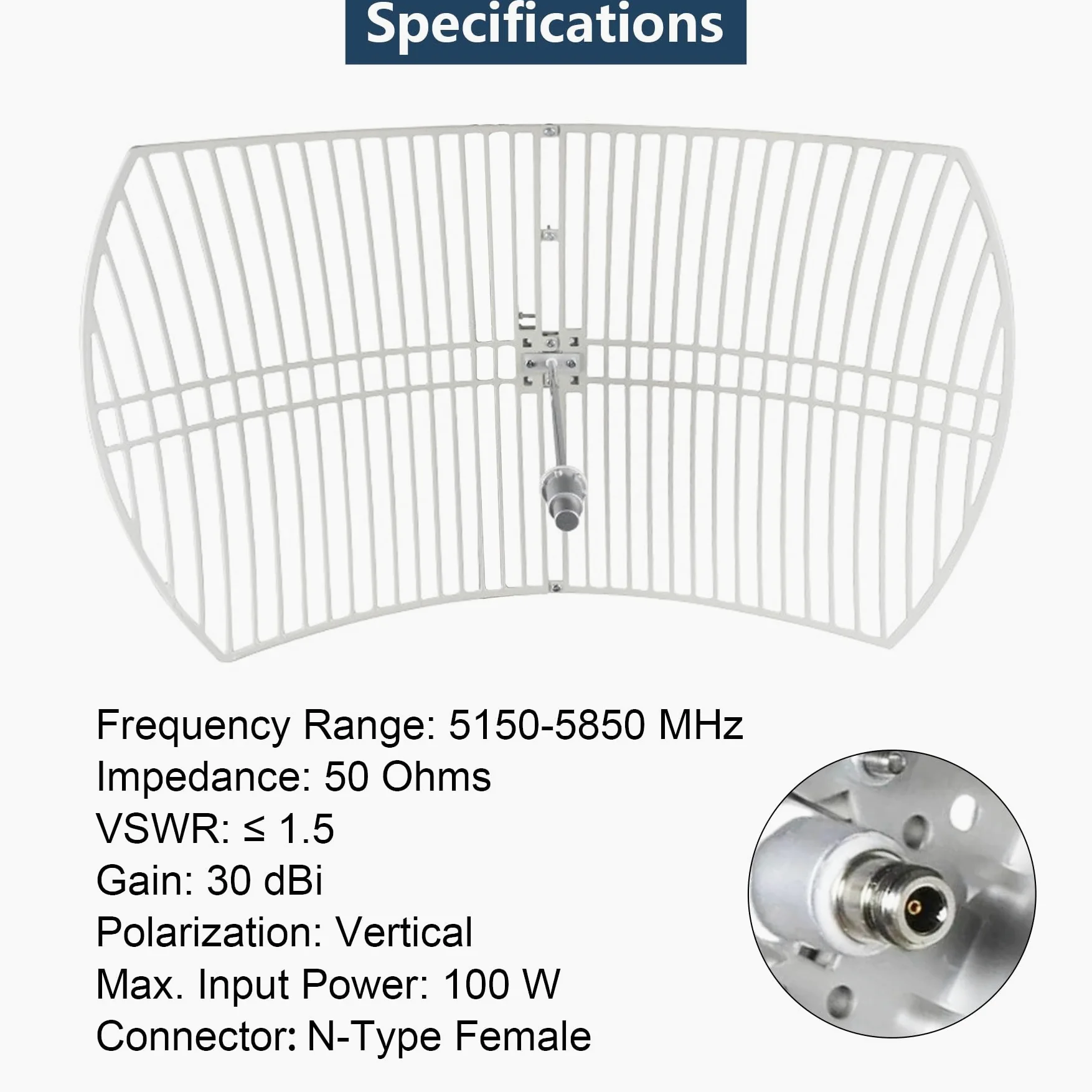 Antenne parabolique WiFi 5,8 GHz 5,8 GHz à gain élevé 30 dBi (5150-5850 MHz) type N femelle longue portée antenne directionnelle extérieure pour routeur Wi Fi carte réseau sans fil moniteur de