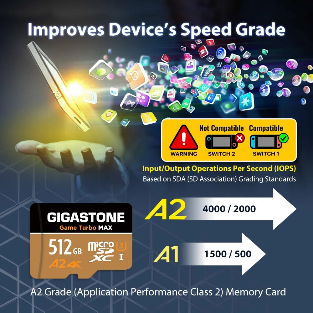 【pour Switch 1 Seulement】 GIGASTONE MicroSDXC 512 Go, Game Turbo Max, Vitesse jusqu'à 180/150 Mo/s, pour Switch, Steamdeck, 4K Video A2 V30 U3 MicroSDXC avec Adaptateur【Récupération Gratuite 5 Ans】