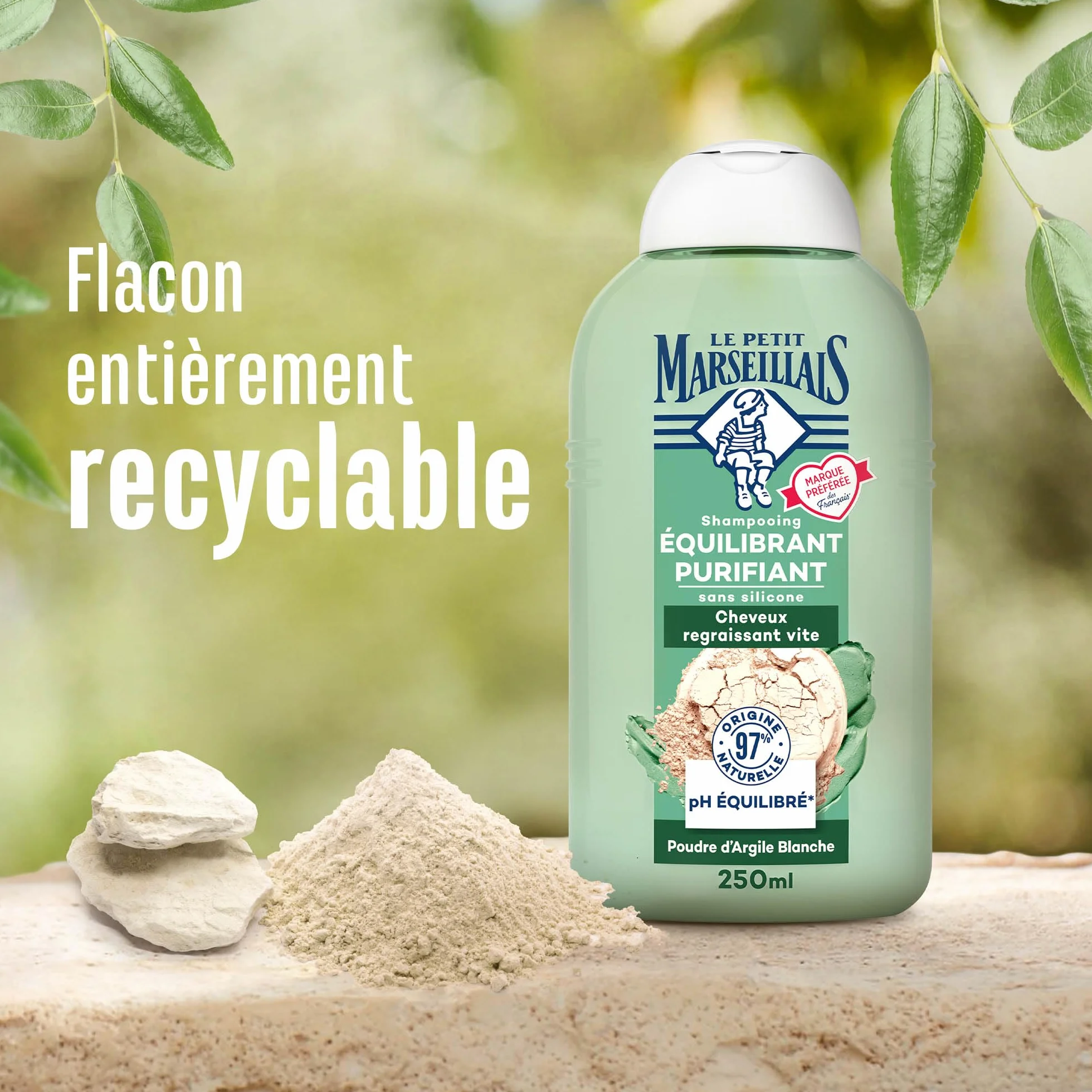Le Petit Marseillais Shampooing Équilibrant Purifiant Poudre d'Argile Blanche 250 ml Shampoing sans silicone cheveux regraissant vite 97 % ingrédients naturelle